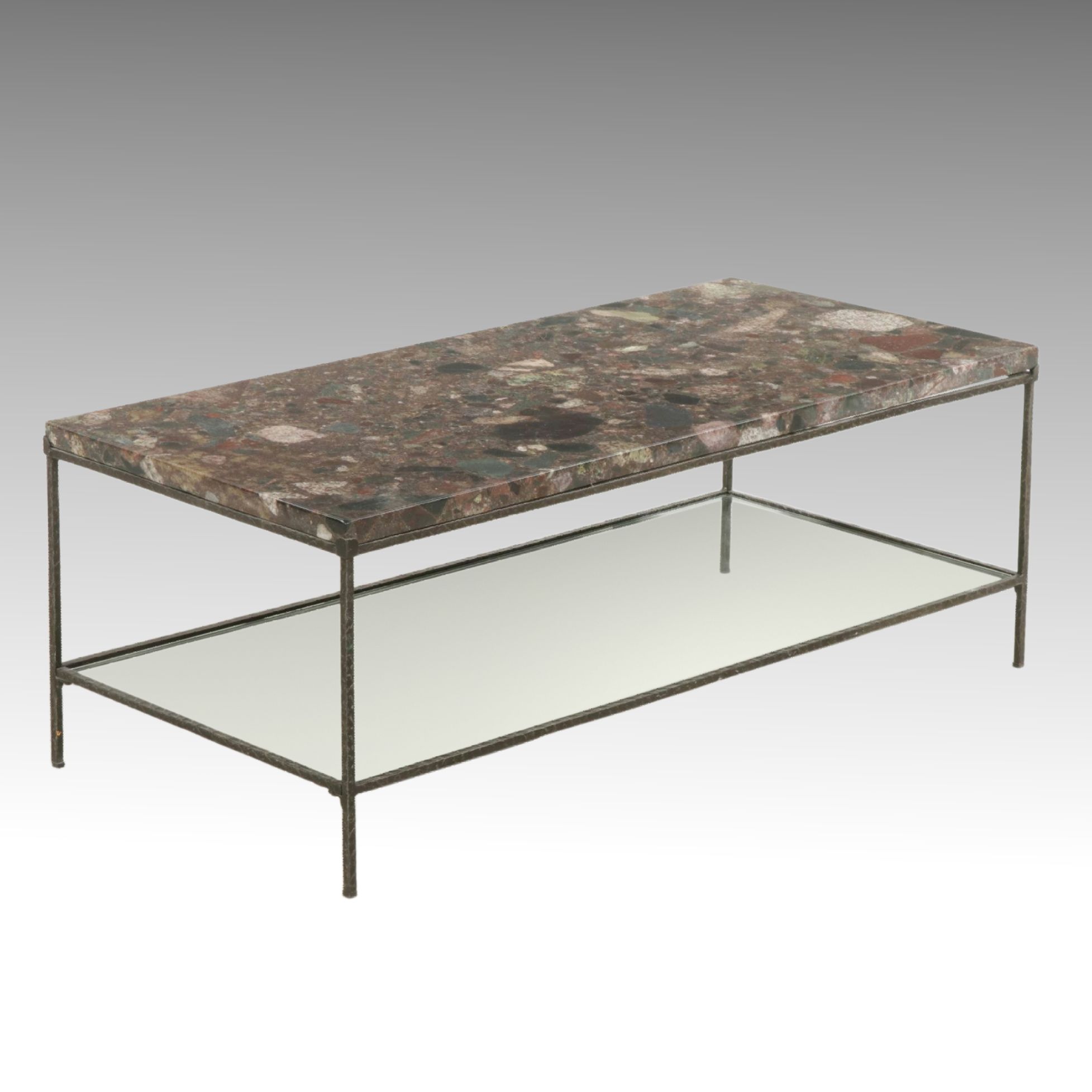 Contemporary Wrought Iron Coffee Table with Granite Top and Glass Shelf