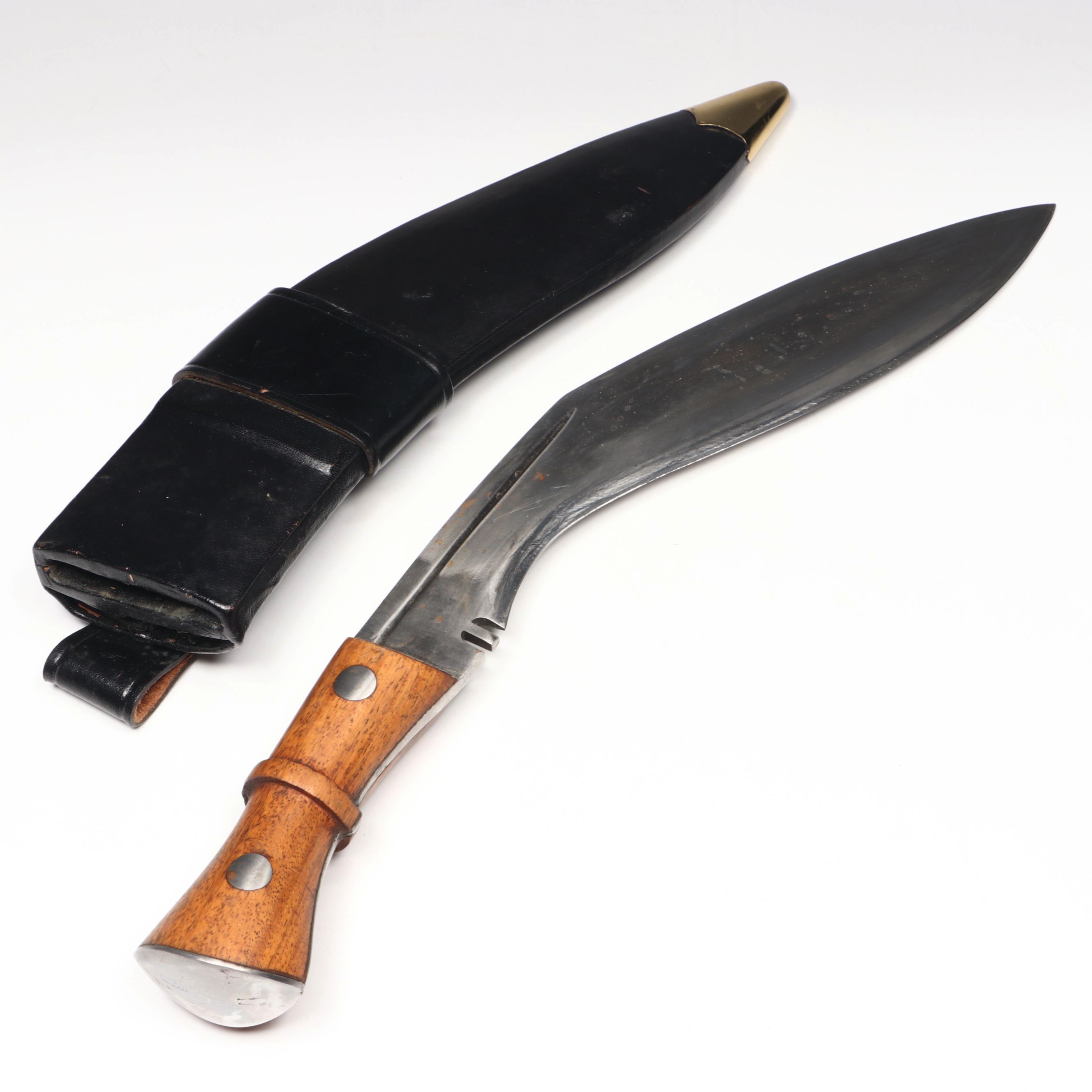Steel Kukri Knife with Wood Handle in Leather Scabbard