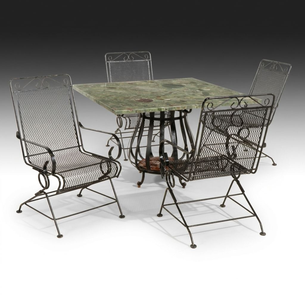 Metal Dining Table with Twister Green Granite Top and Four Metal Mesh Chairs