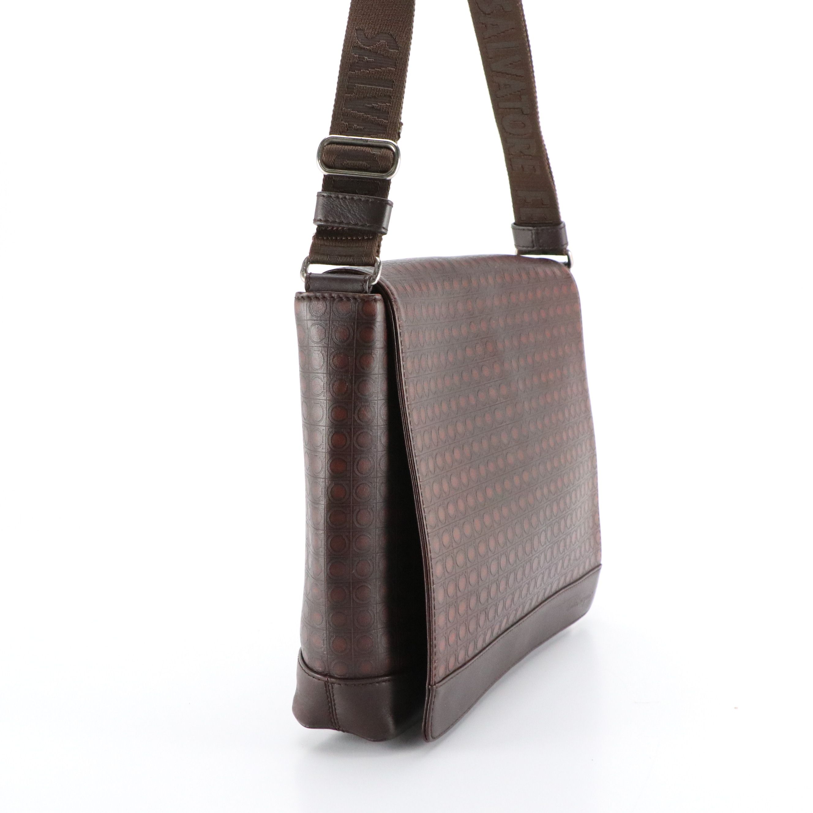 Salvatore Ferragamo Flap Messenger Bag in Gancini Pattern Embossed Leather