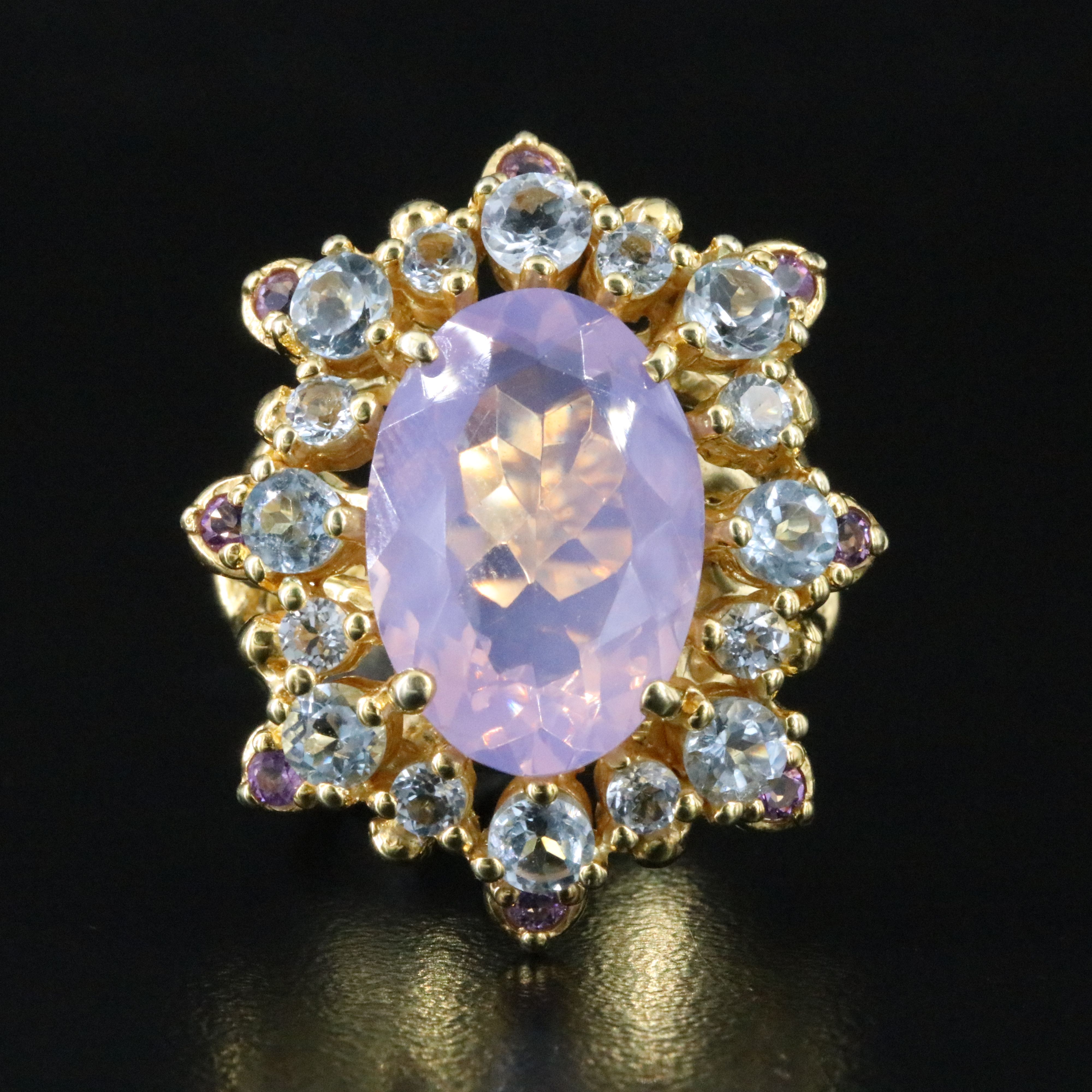 Sterling Rose Quartz, Blue Topaz and Amethyst Halo Ring