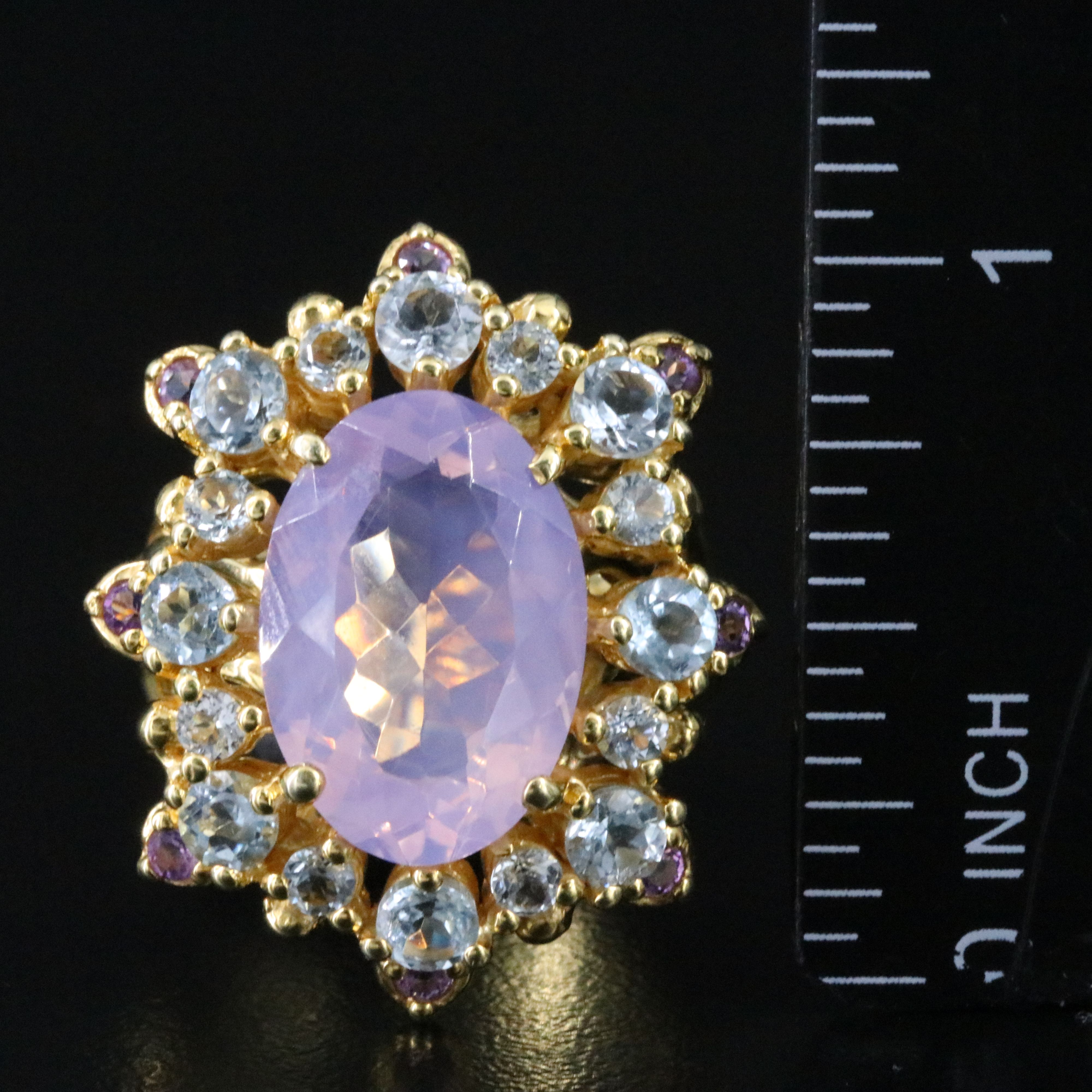 Sterling Rose Quartz, Blue Topaz and Amethyst Halo Ring