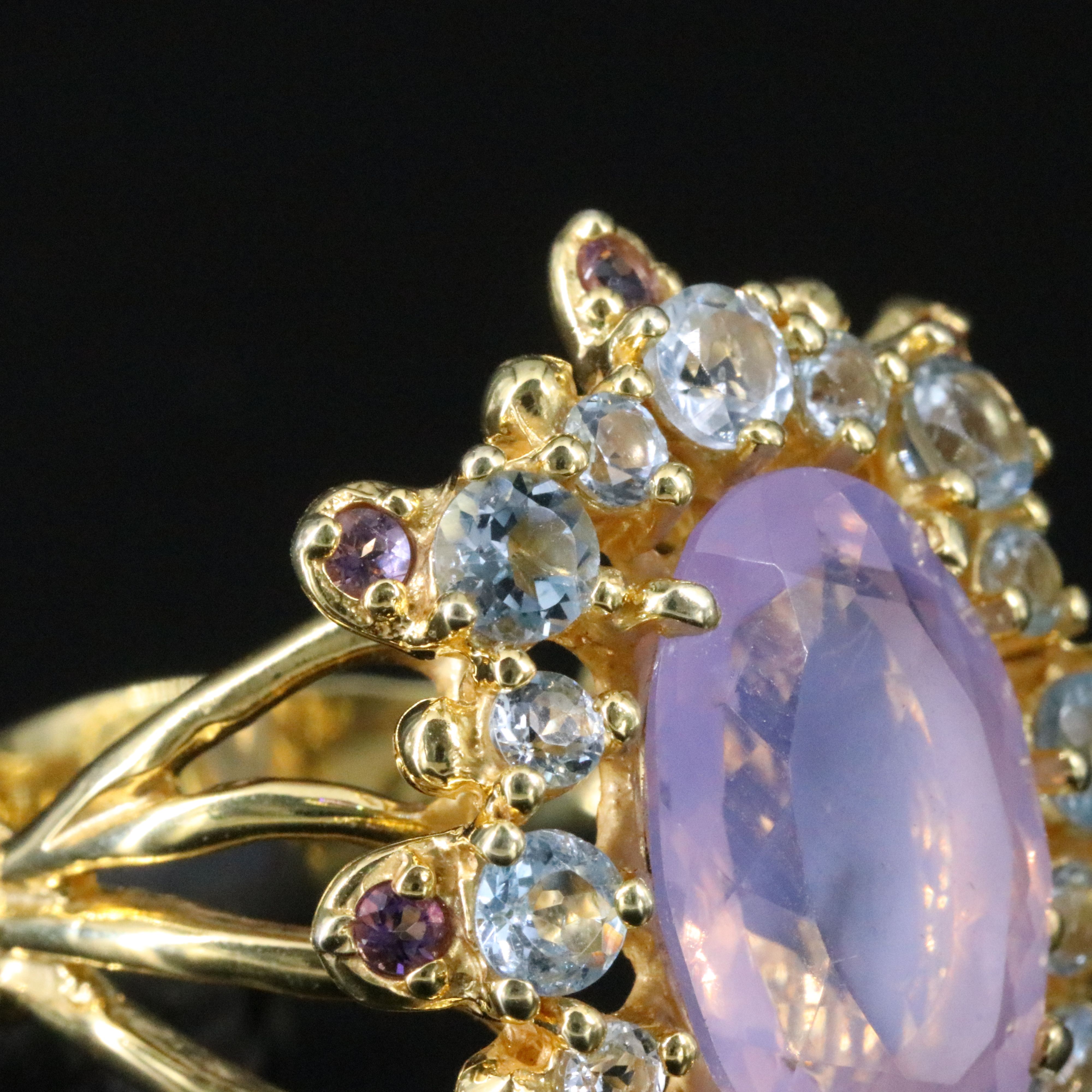 Sterling Rose Quartz, Blue Topaz and Amethyst Halo Ring