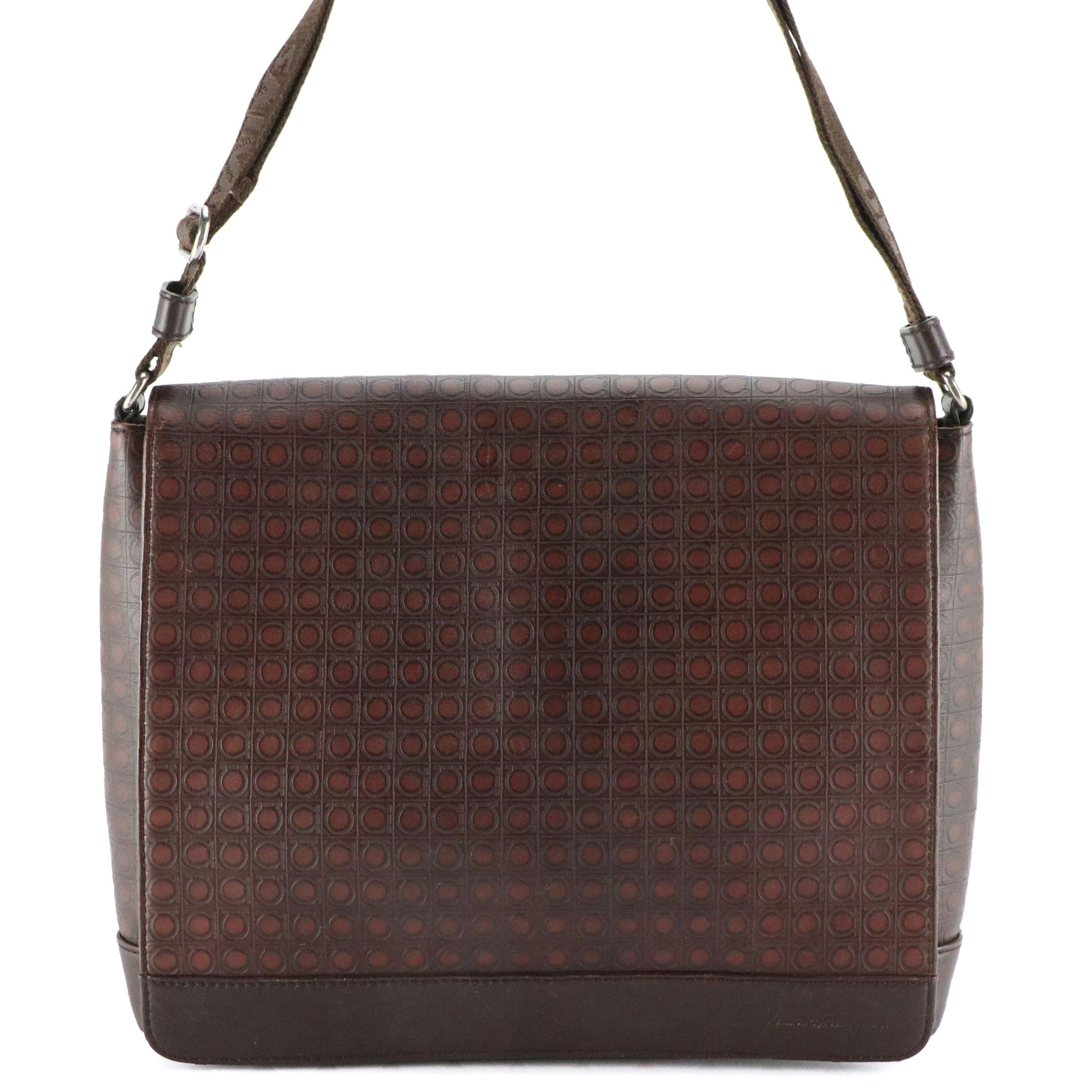 Salvatore Ferragamo Flap Messenger Bag in Gancini Pattern Embossed Leather