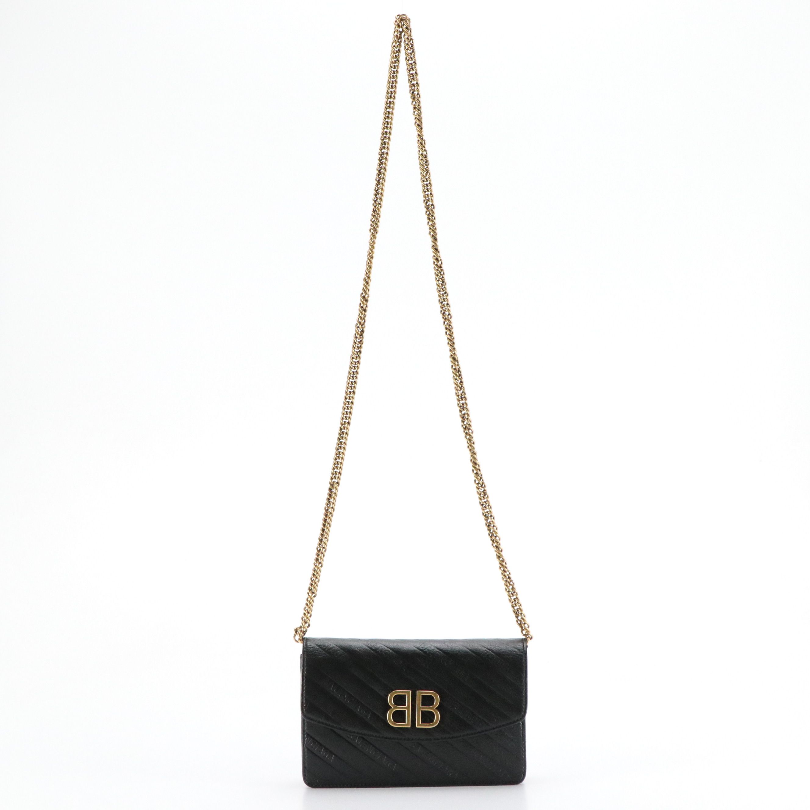 Balenciaga BB Logo Chain Flap Wallet in Black Leather