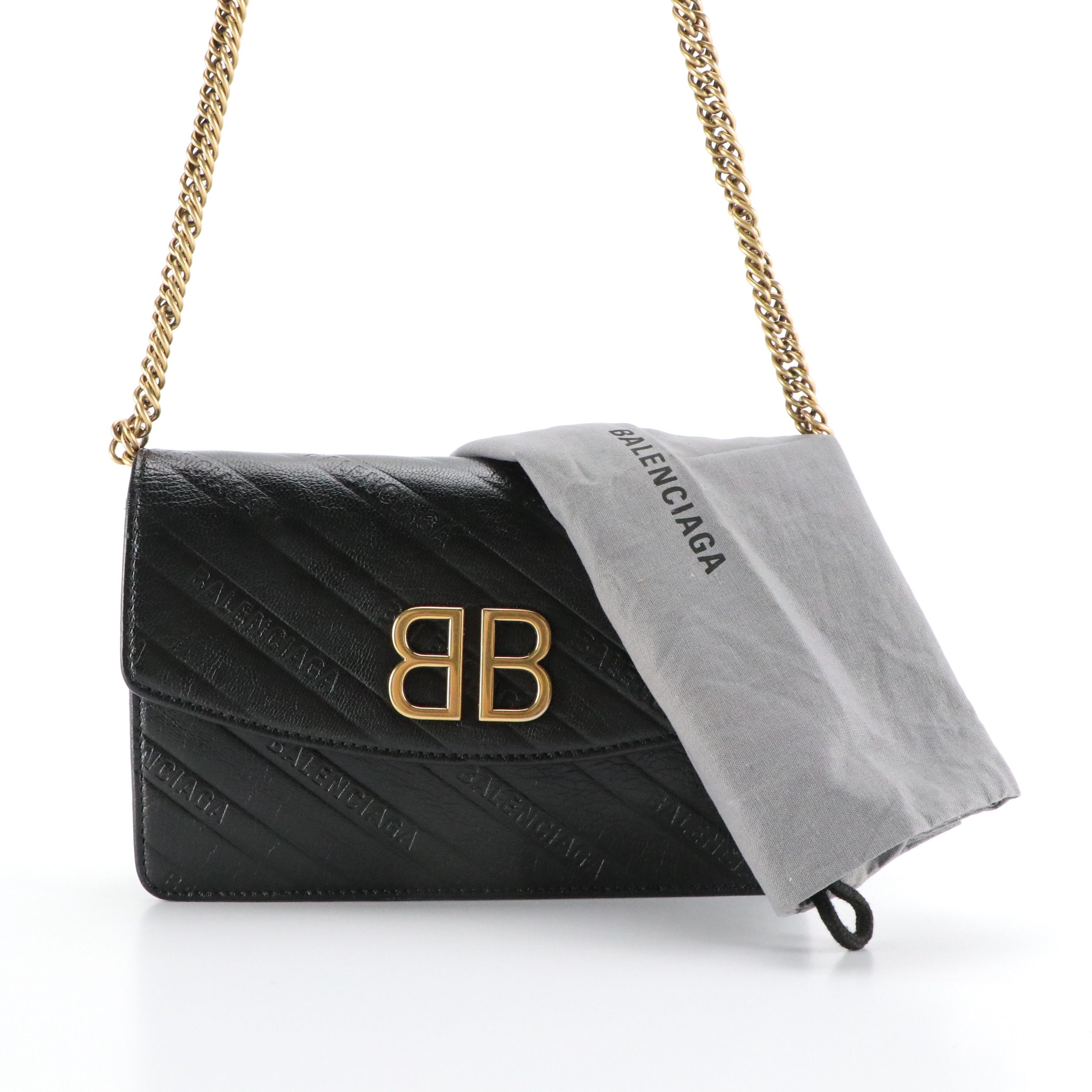 Balenciaga BB Logo Chain Flap Wallet in Black Leather