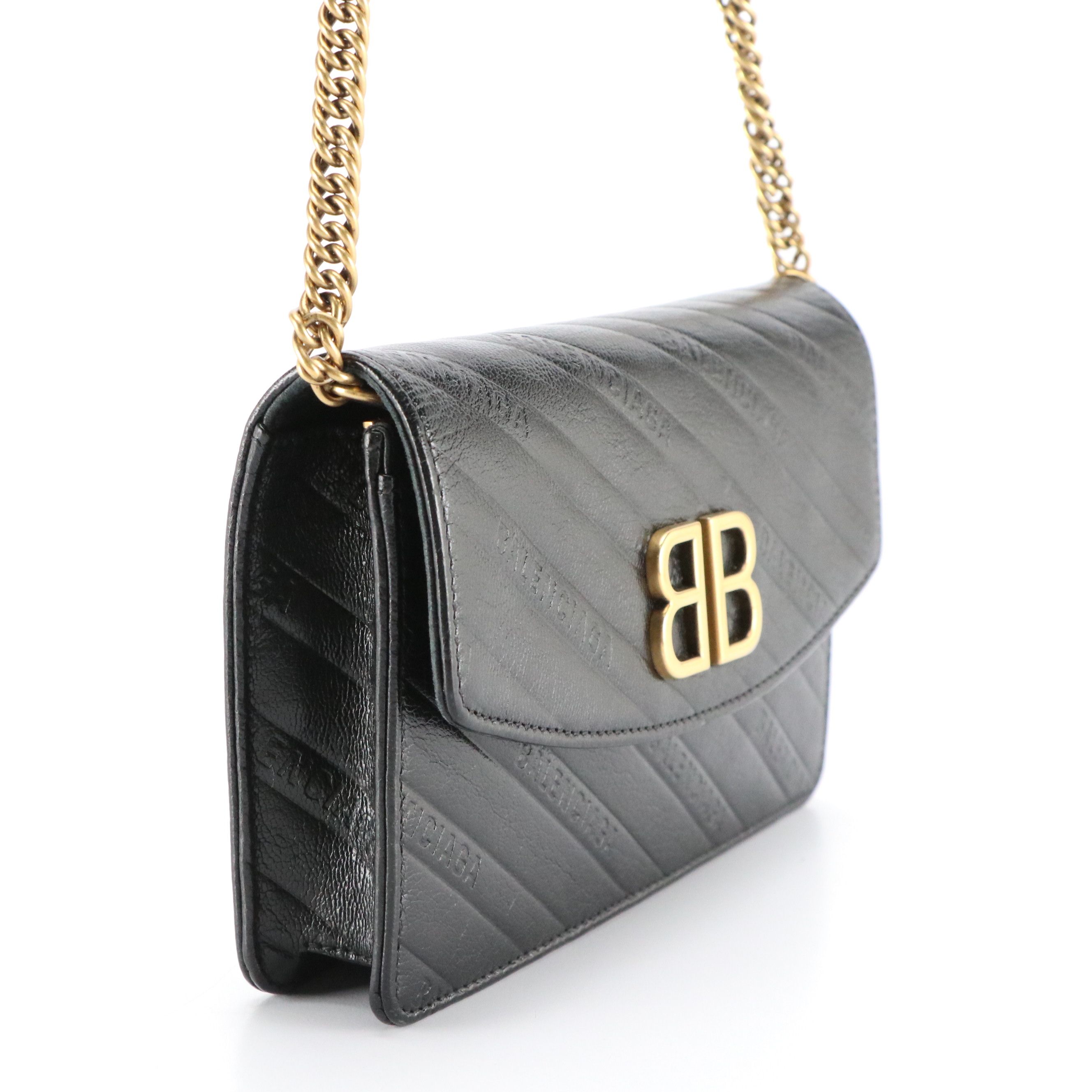 Balenciaga BB Logo Chain Flap Wallet in Black Leather