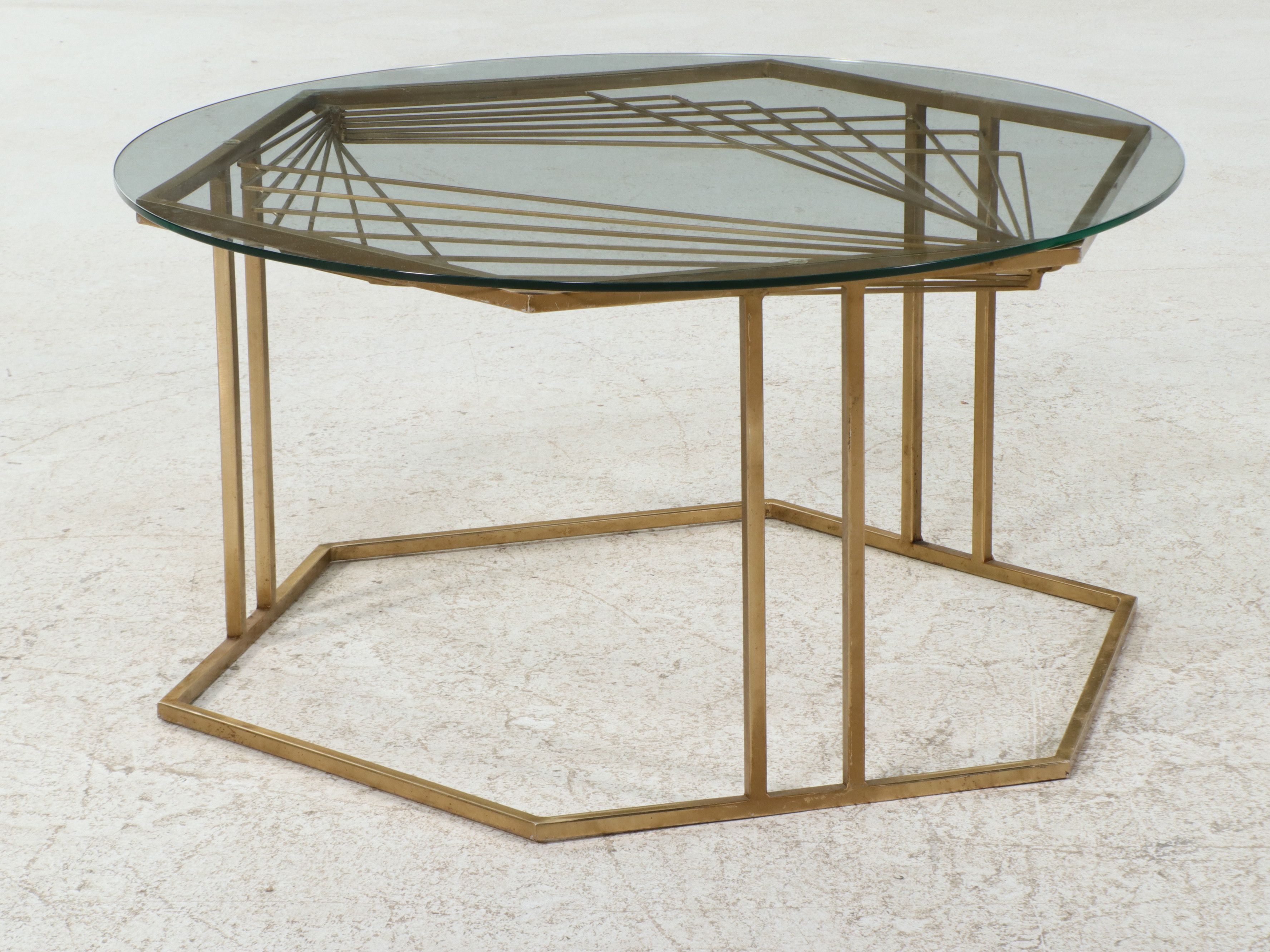 Contemporary Hexagonal Gold Tone Metal Coffee Table