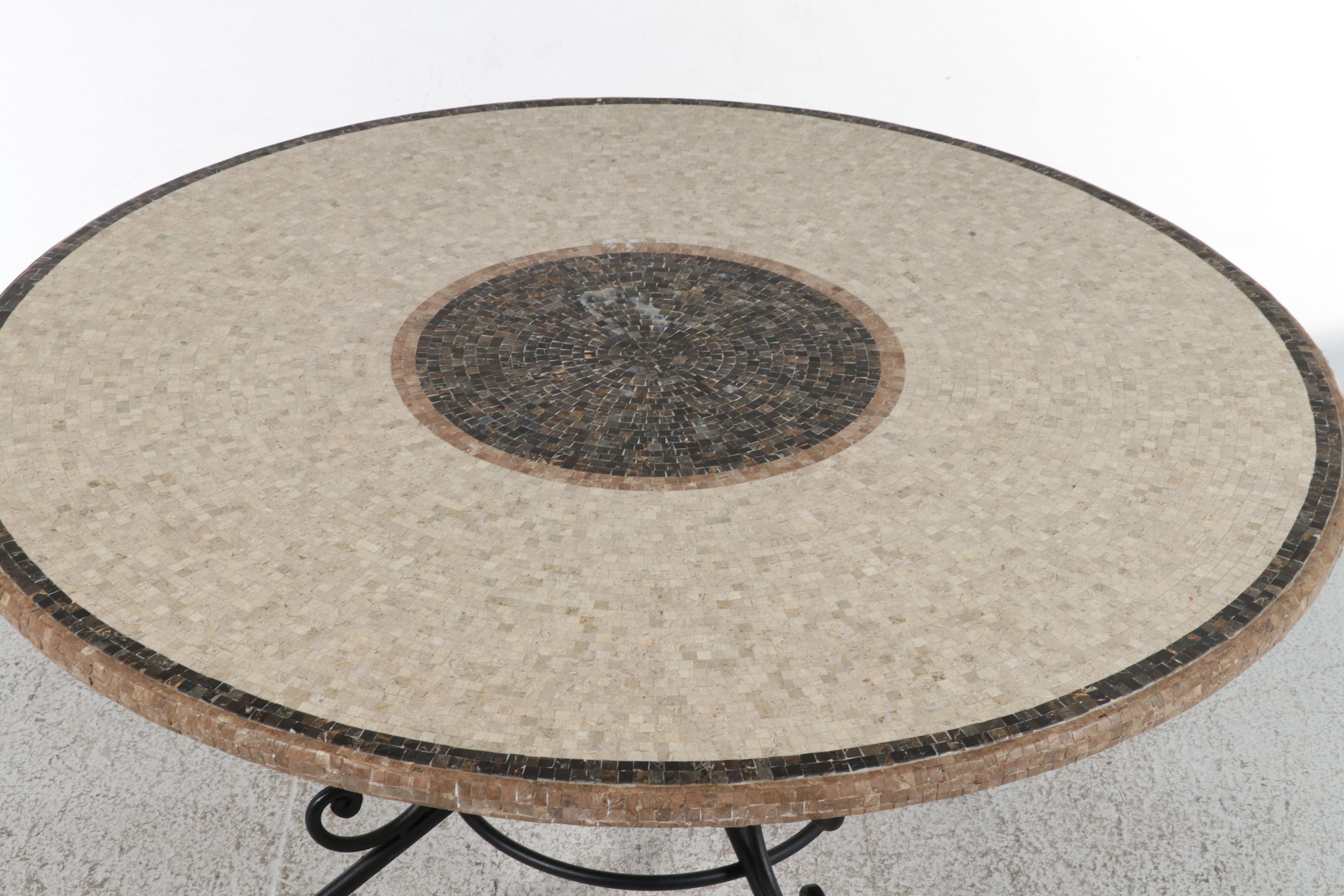 Mediterranean Style Mosaic Stone Dining Table on Wrought Iron Scroll Base
