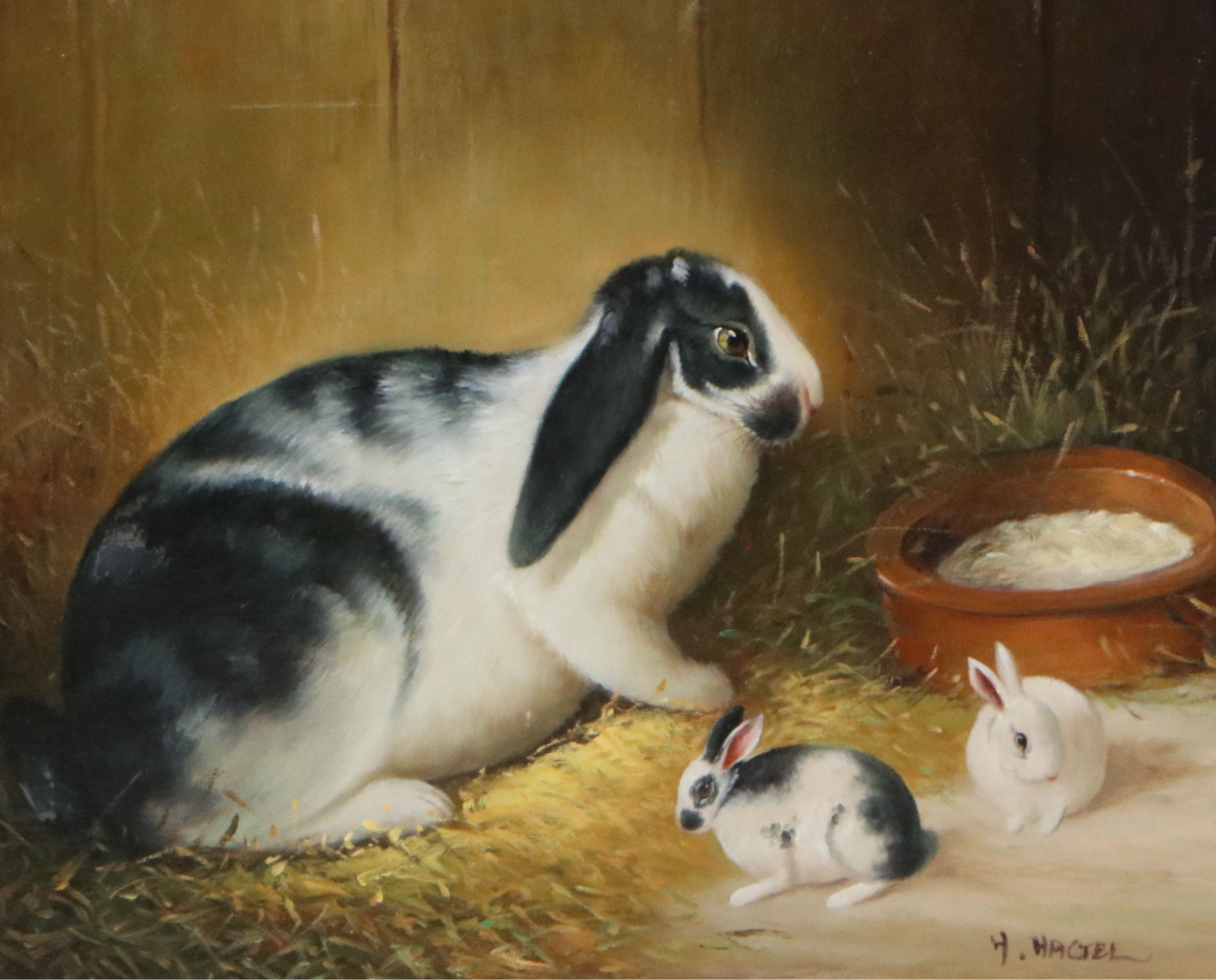 H. Hagel Oil Painting of Mother Rabbit with Kits, Mid-20th Century