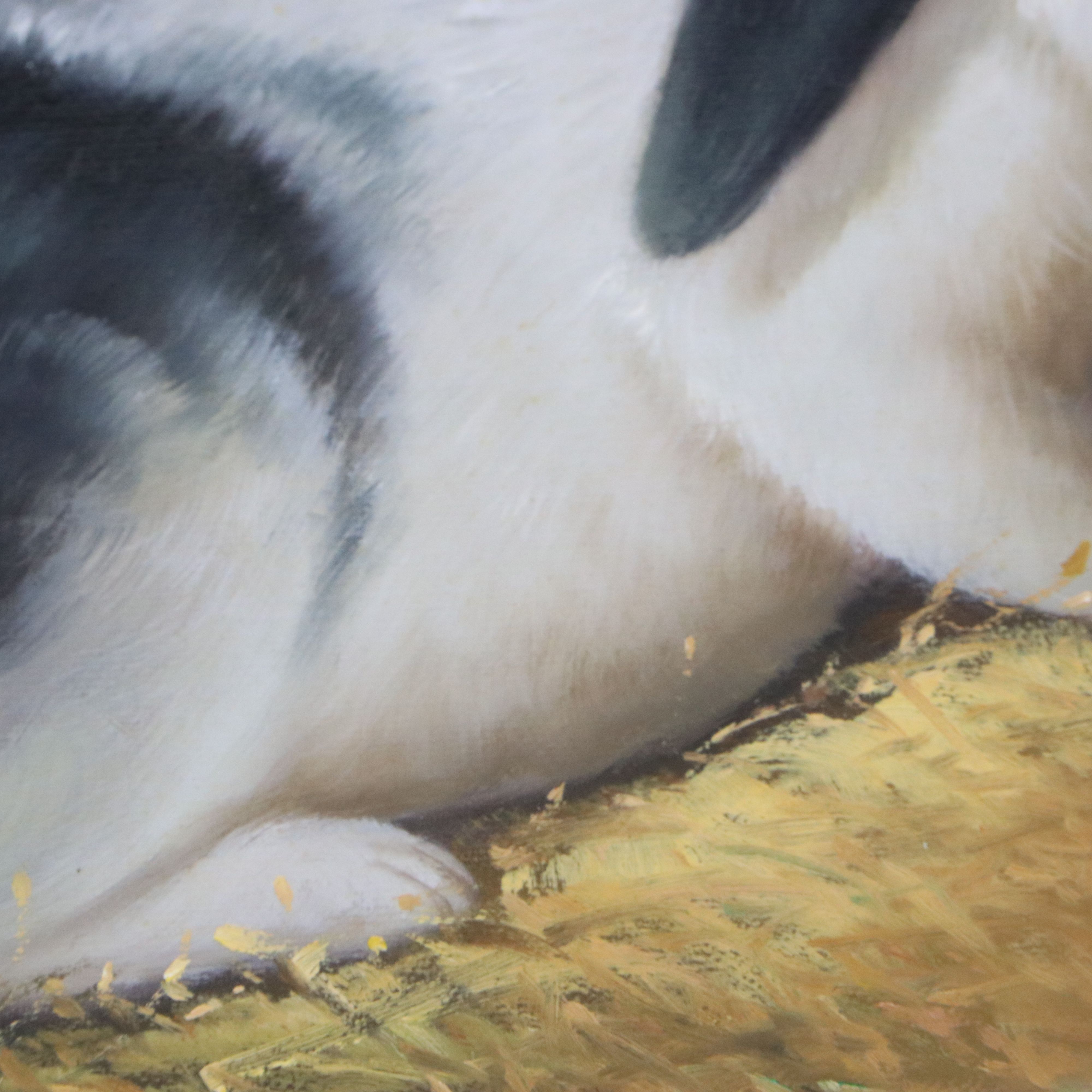 H. Hagel Oil Painting of Mother Rabbit with Kits, Mid-20th Century