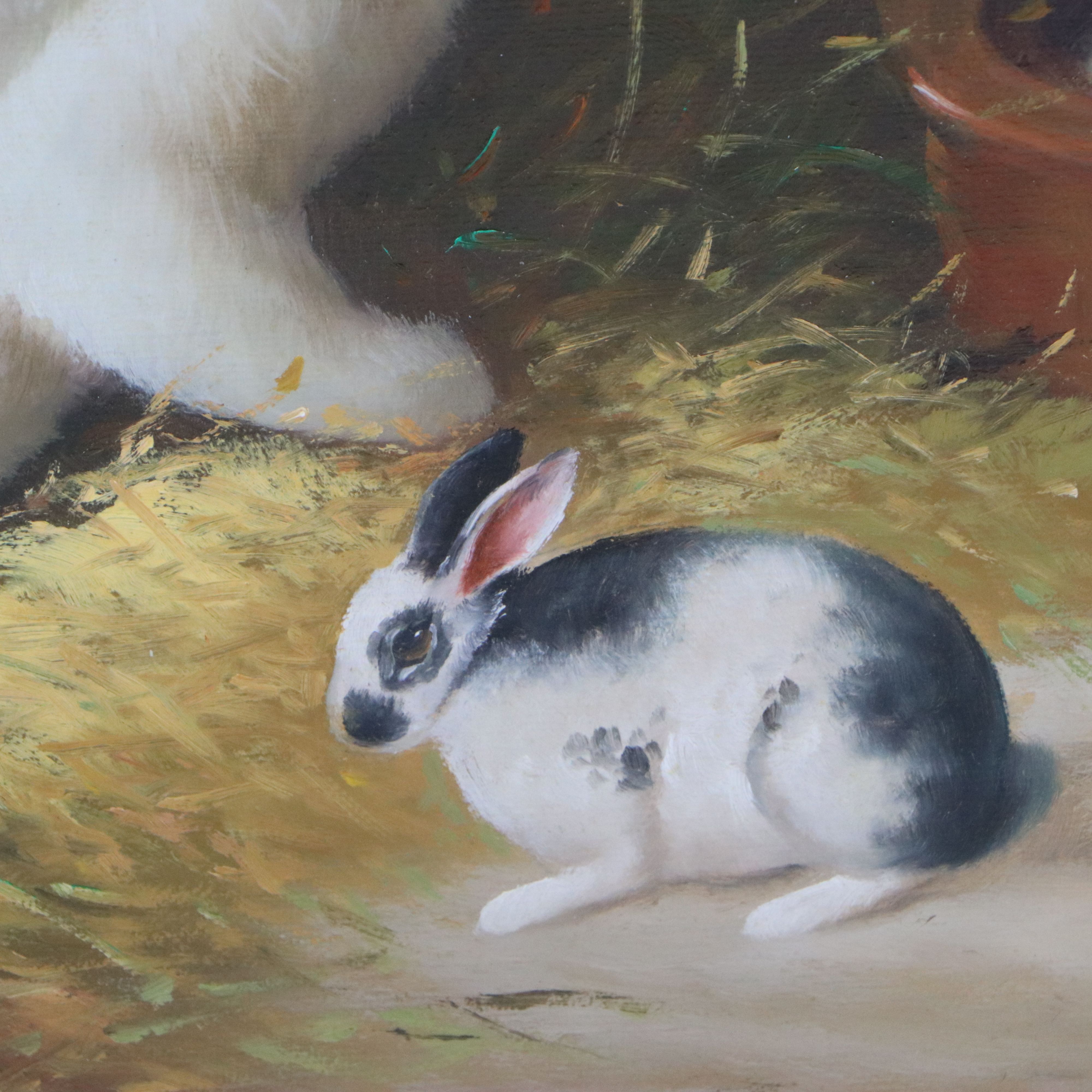 H. Hagel Oil Painting of Mother Rabbit with Kits, Mid-20th Century