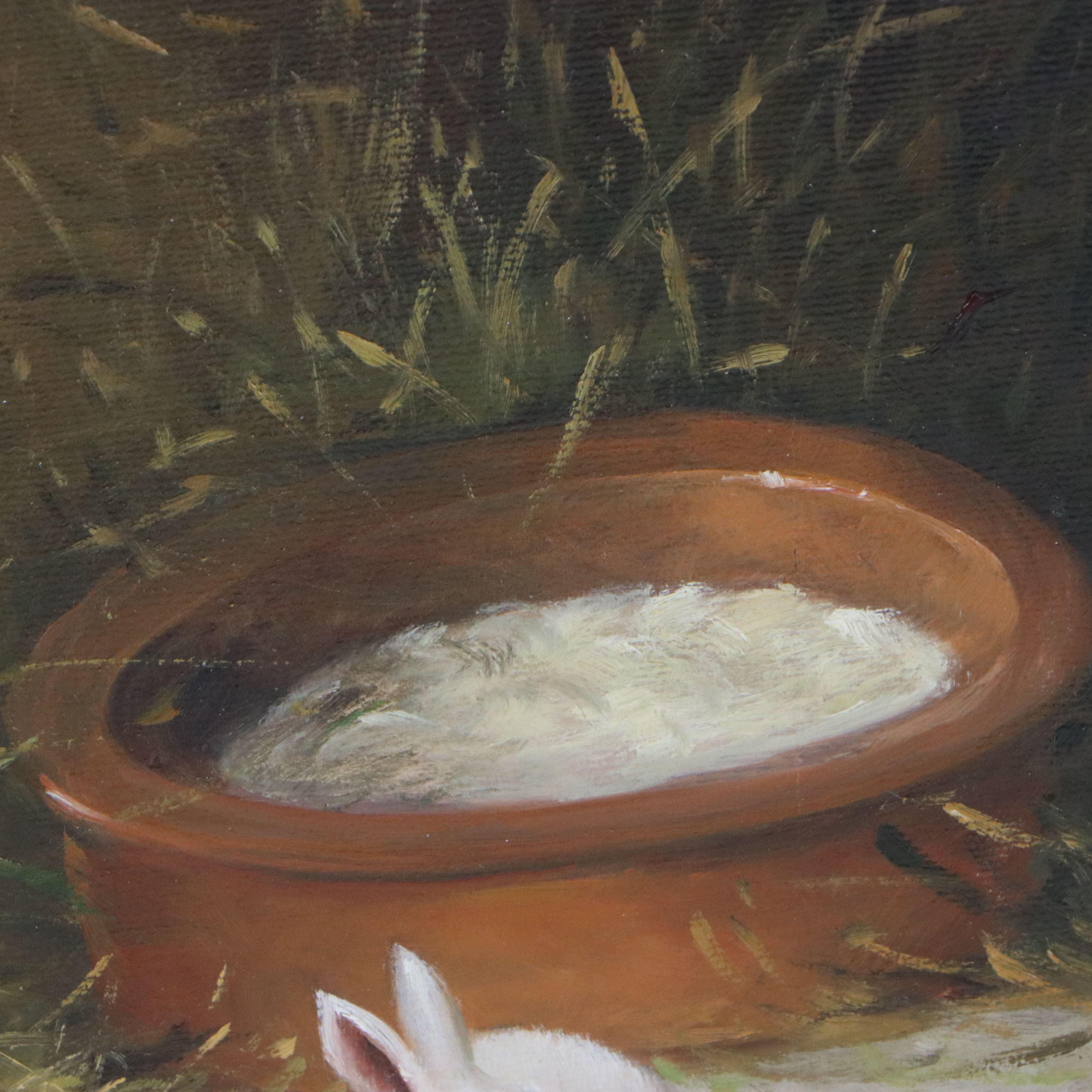 H. Hagel Oil Painting of Mother Rabbit with Kits, Mid-20th Century