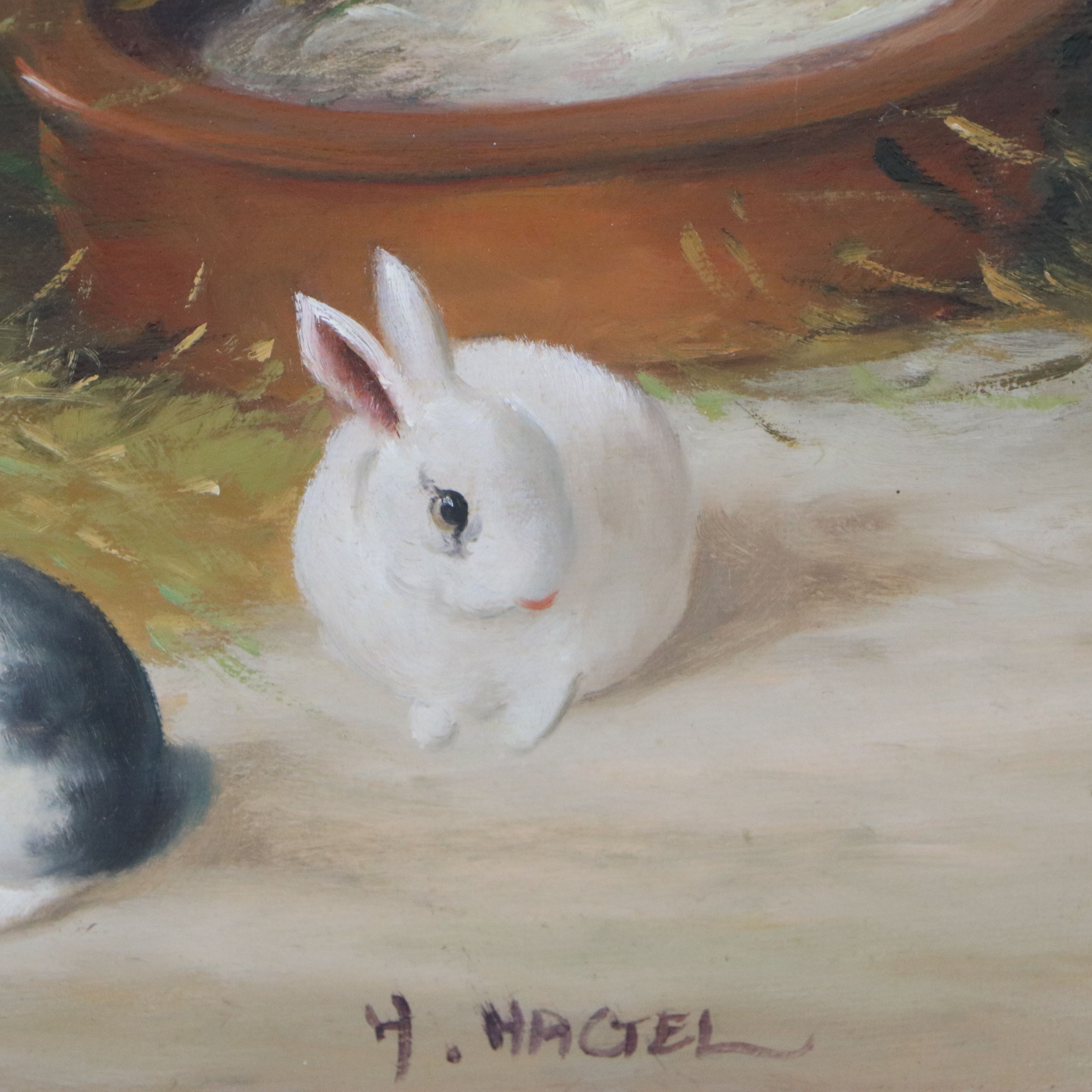 H. Hagel Oil Painting of Mother Rabbit with Kits, Mid-20th Century