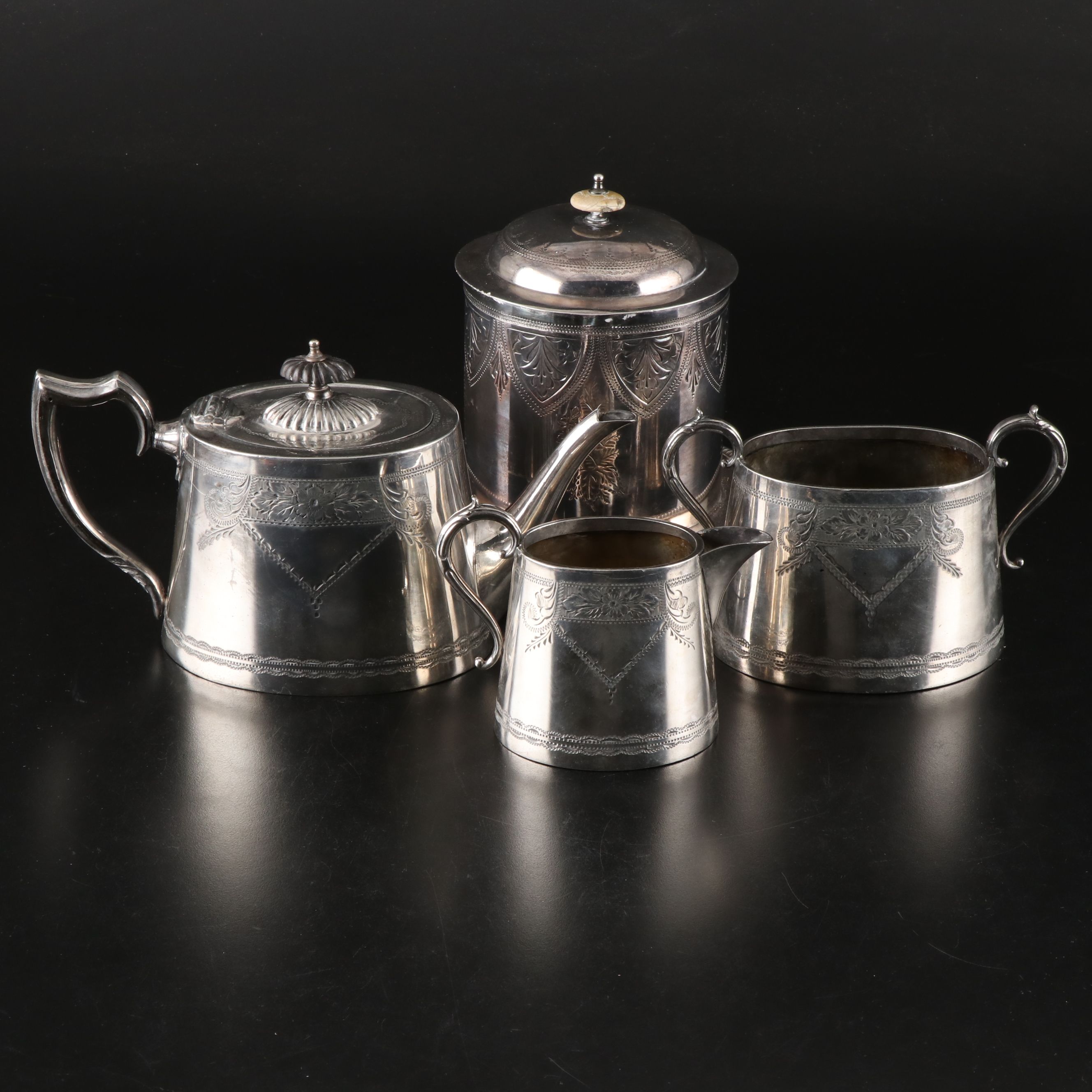 English Floral Etched Silver Plate Tea Caddy and Teapot with Creamer and Sugar