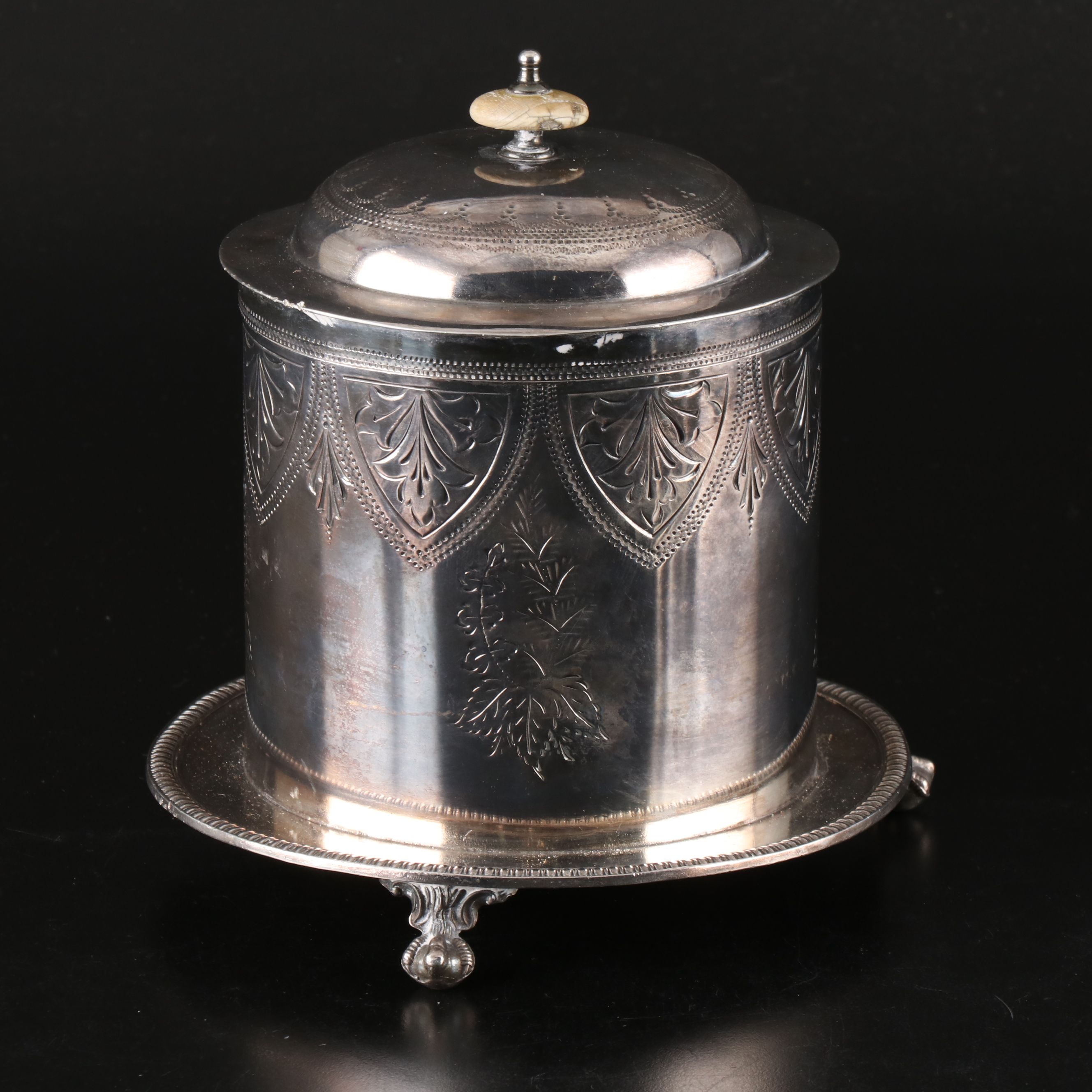 English Floral Etched Silver Plate Tea Caddy and Teapot with Creamer and Sugar
