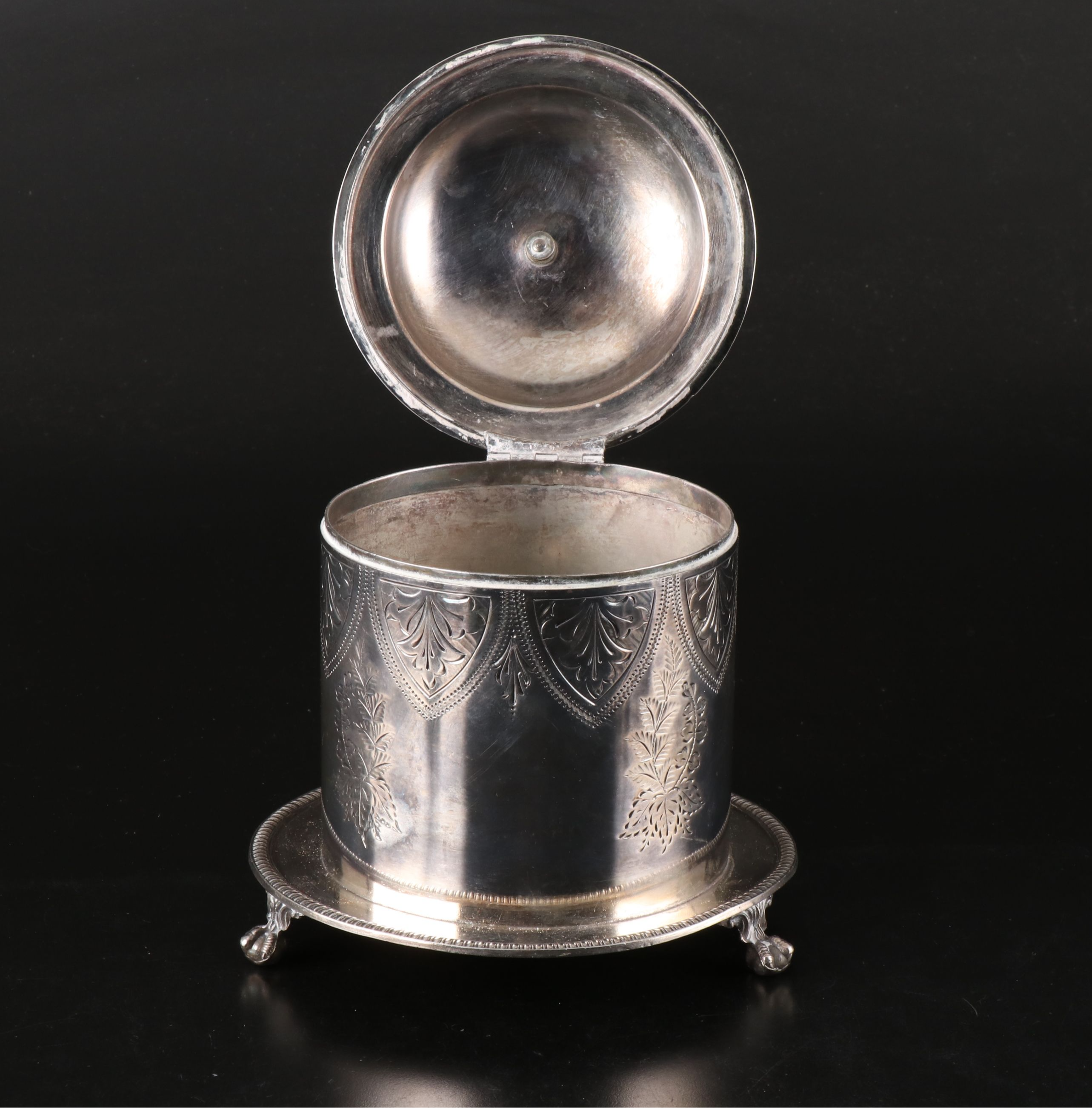 English Floral Etched Silver Plate Tea Caddy and Teapot with Creamer and Sugar