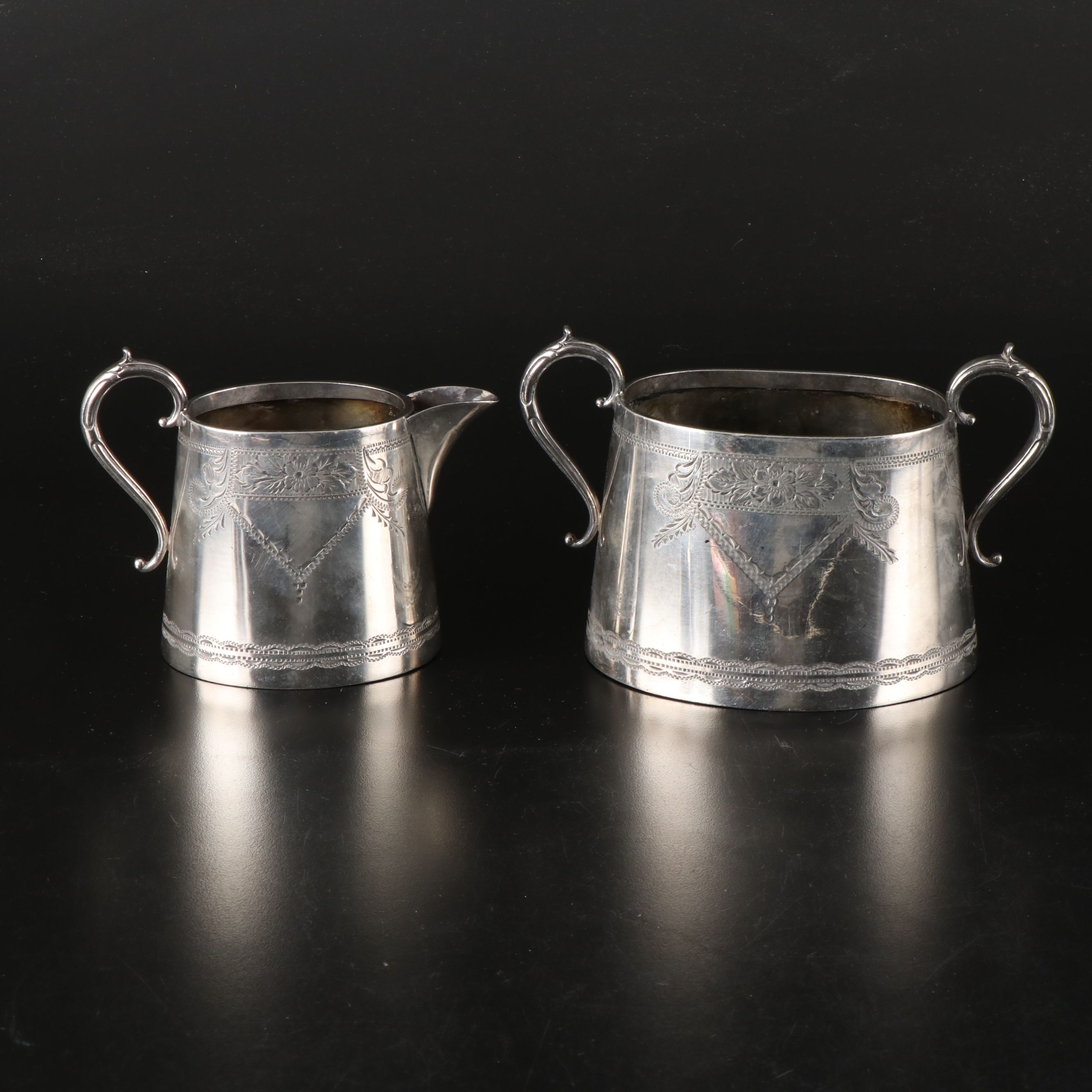 English Floral Etched Silver Plate Tea Caddy and Teapot with Creamer and Sugar