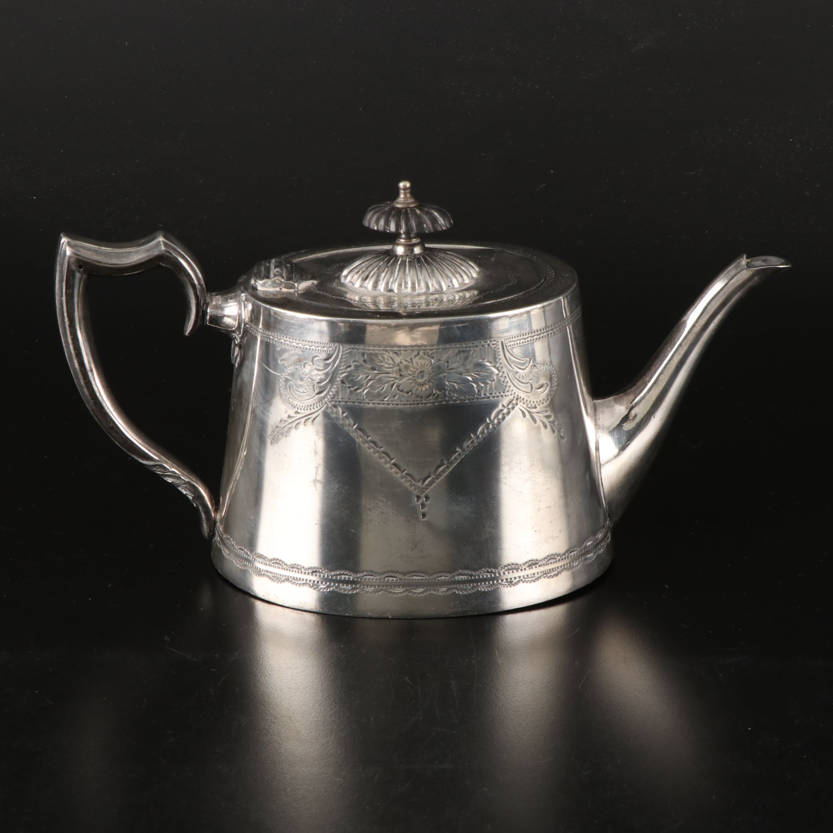 English Floral Etched Silver Plate Tea Caddy and Teapot with Creamer and Sugar