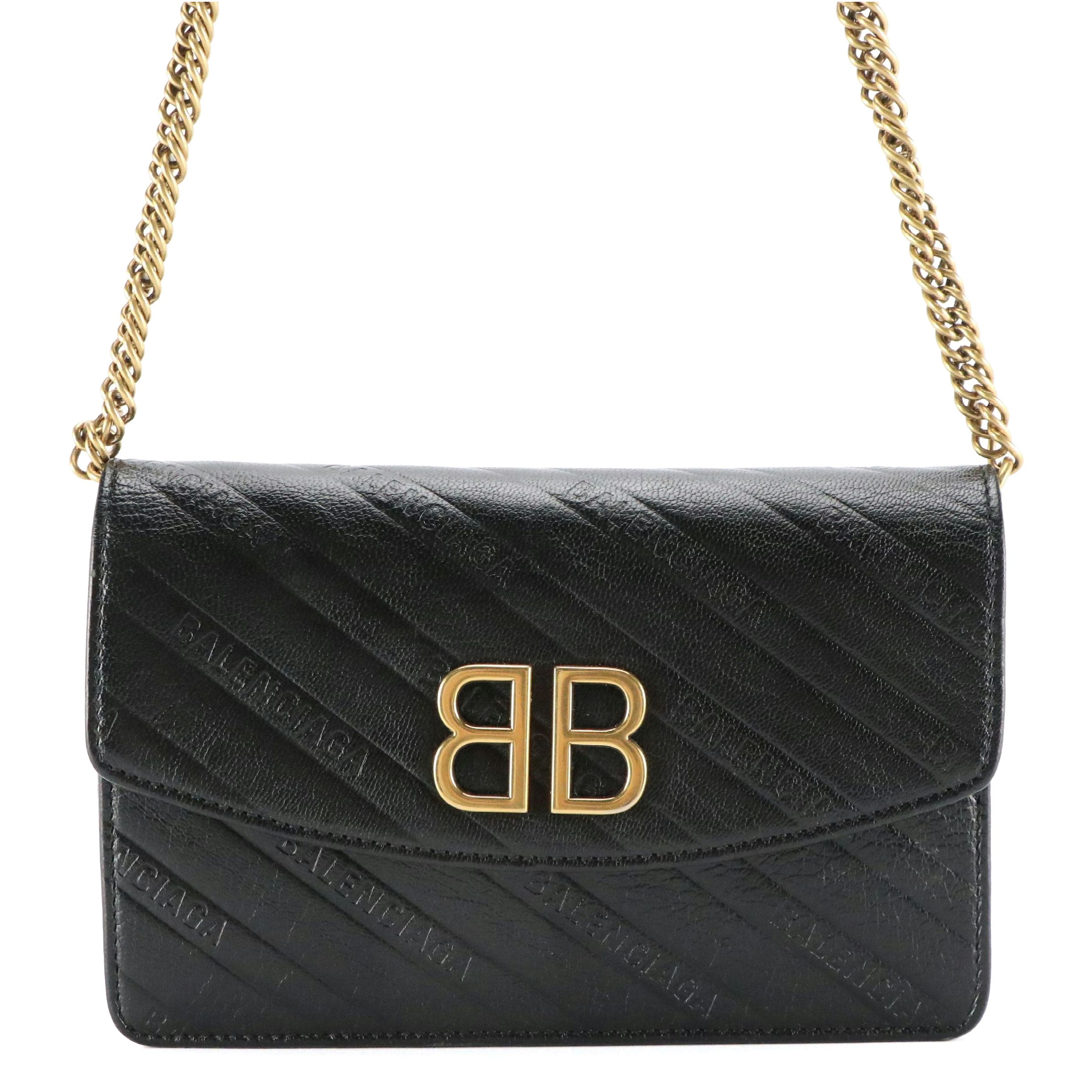 Balenciaga BB Logo Chain Flap Wallet in Black Leather