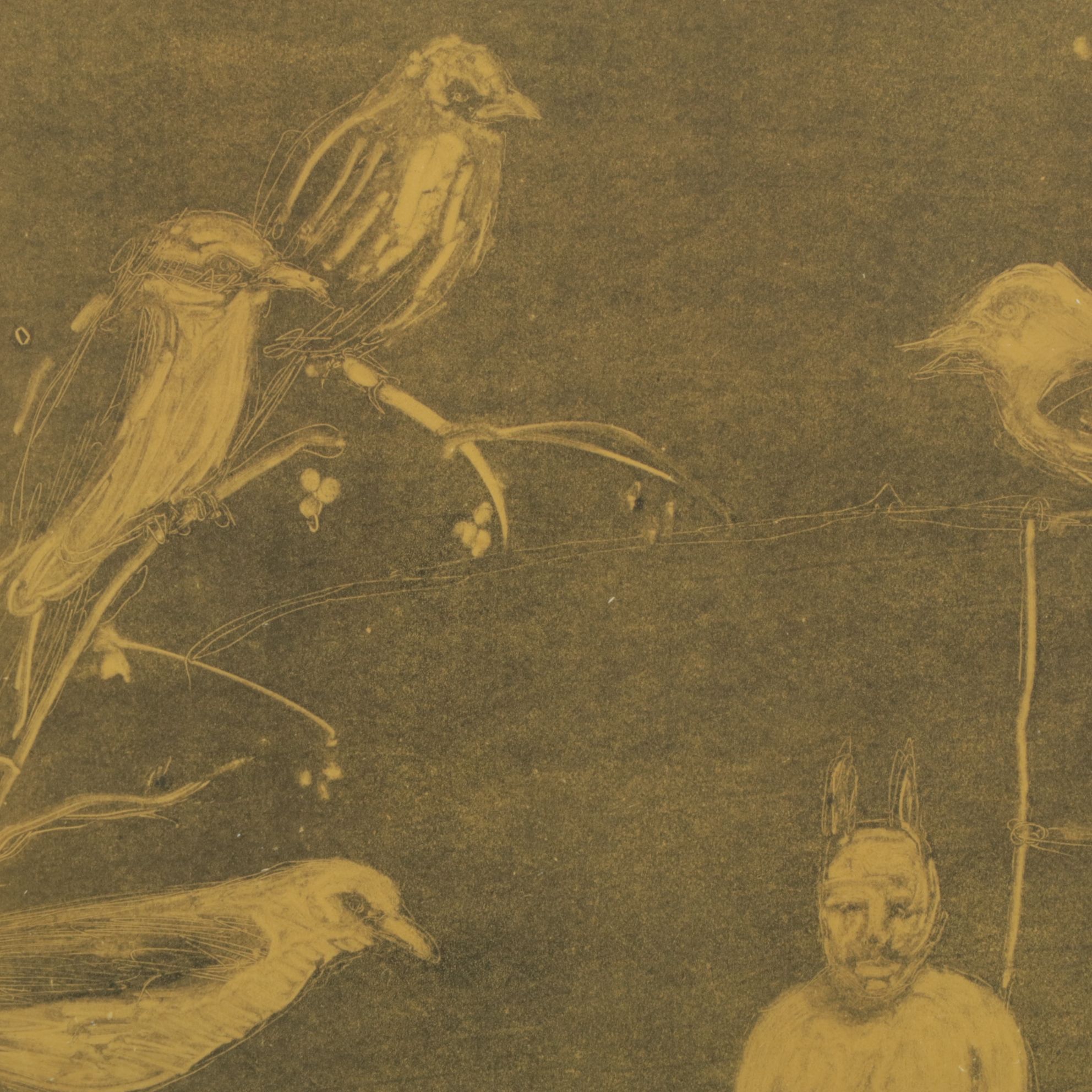 Folk Style Color Lithograph of Gothic Scene with Statue, Late 20th Century