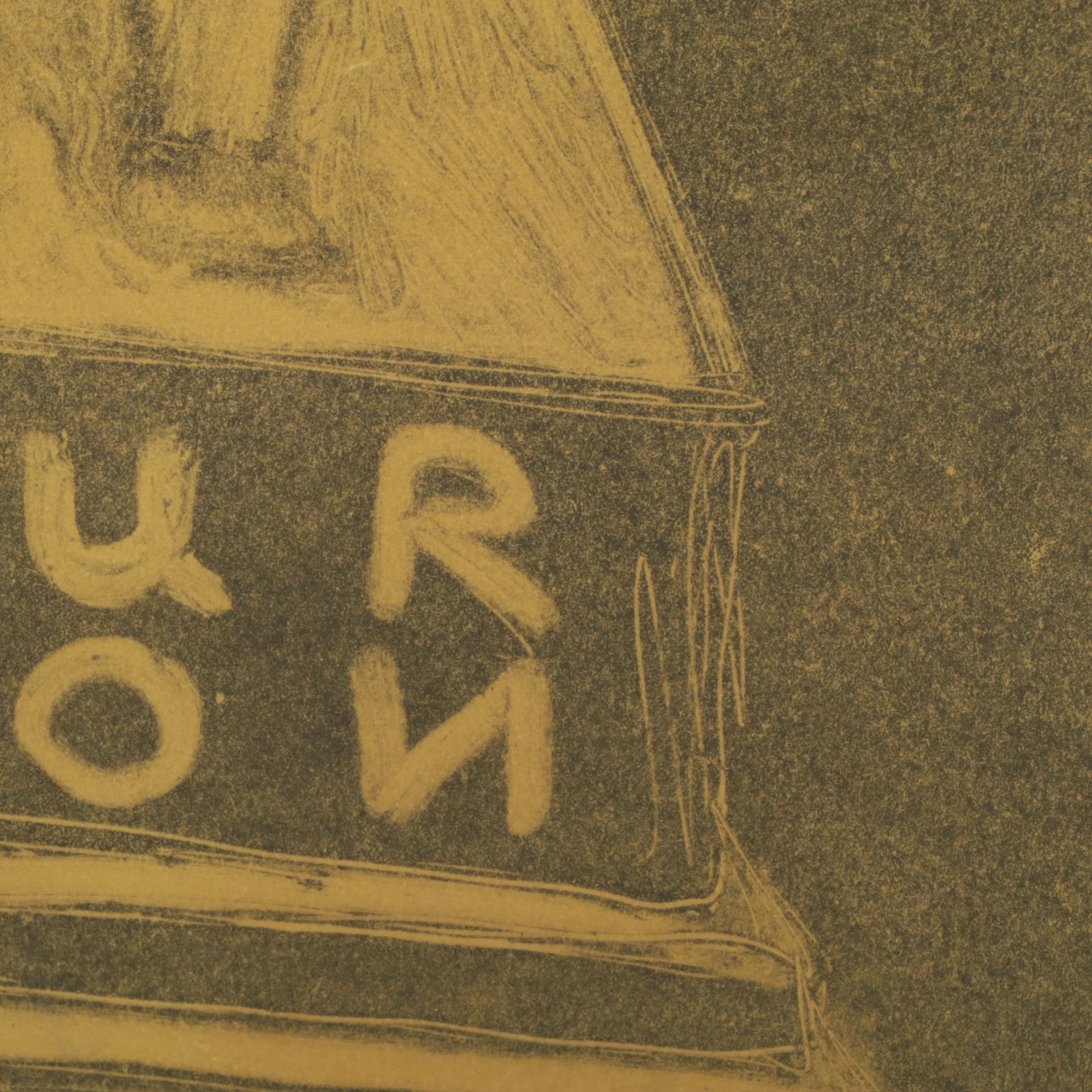 Folk Style Color Lithograph of Gothic Scene with Statue, Late 20th Century