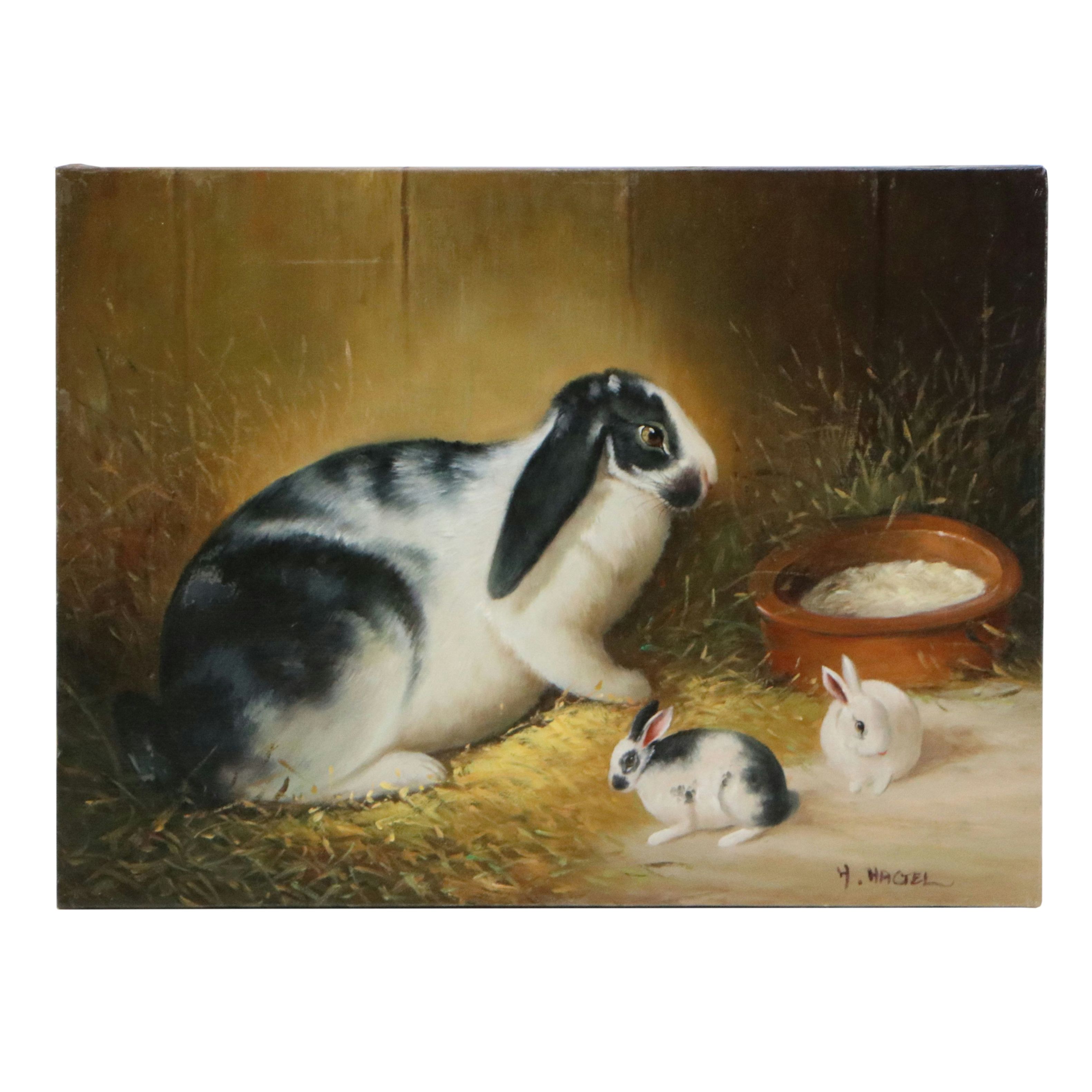 H. Hagel Oil Painting of Mother Rabbit with Kits, Mid-20th Century