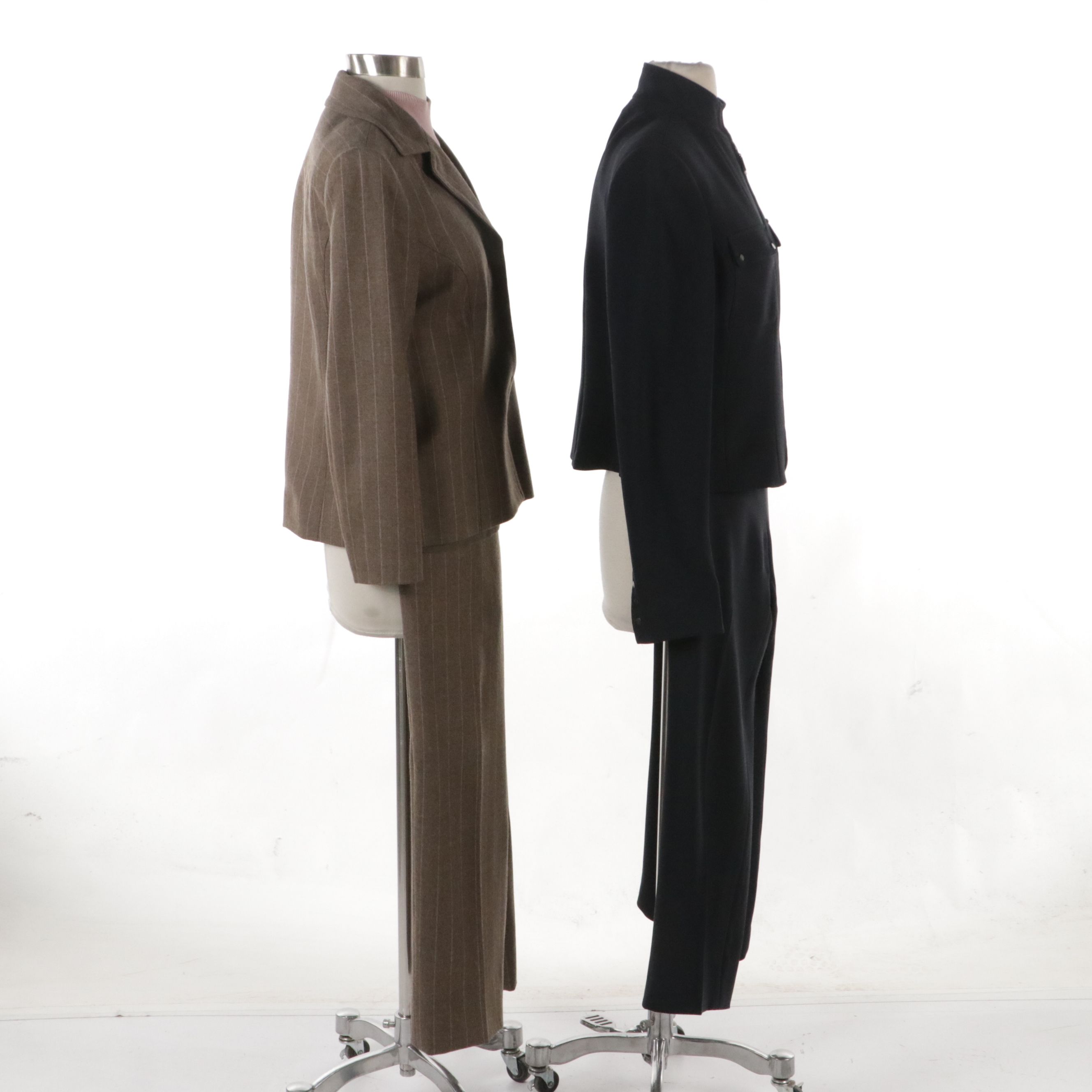 Carlisle Brown/Pink Wool Striped Three-Piece Suit Set & Navy Blue Pantsuit