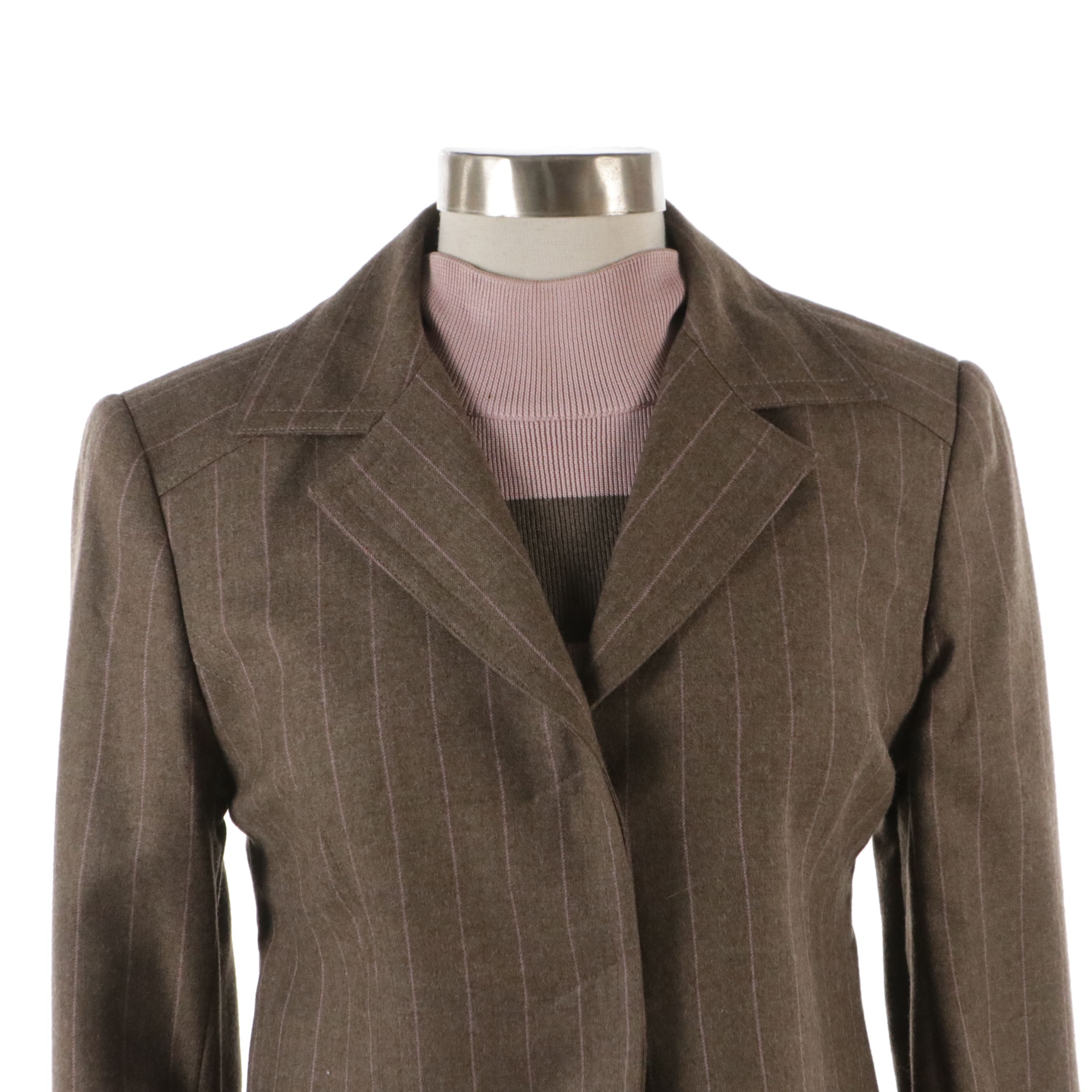 Carlisle Brown/Pink Wool Striped Three-Piece Suit Set & Navy Blue Pantsuit