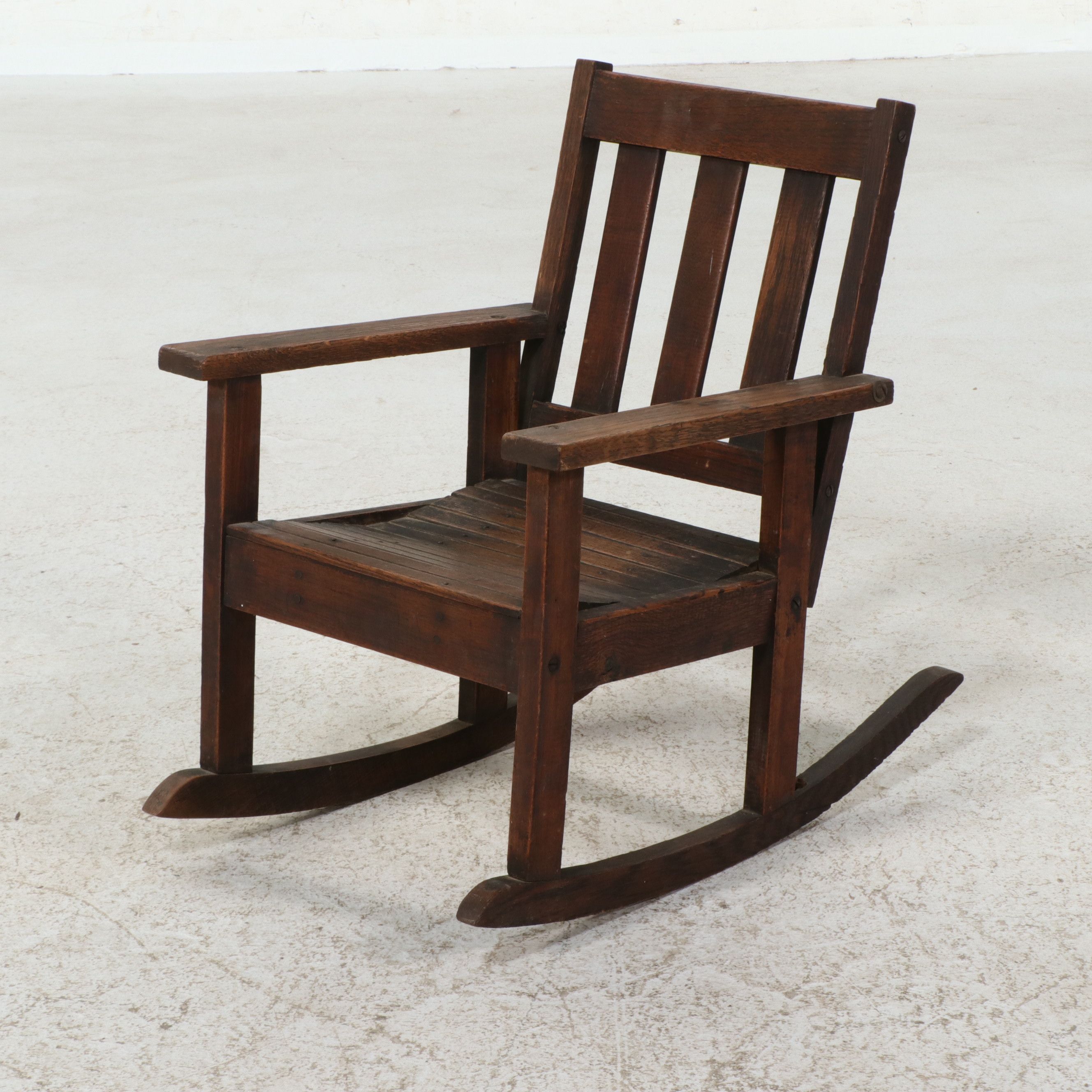 Arts and Crafts Style Oak Slatted Child's Rocking Chair, Early 20th Century