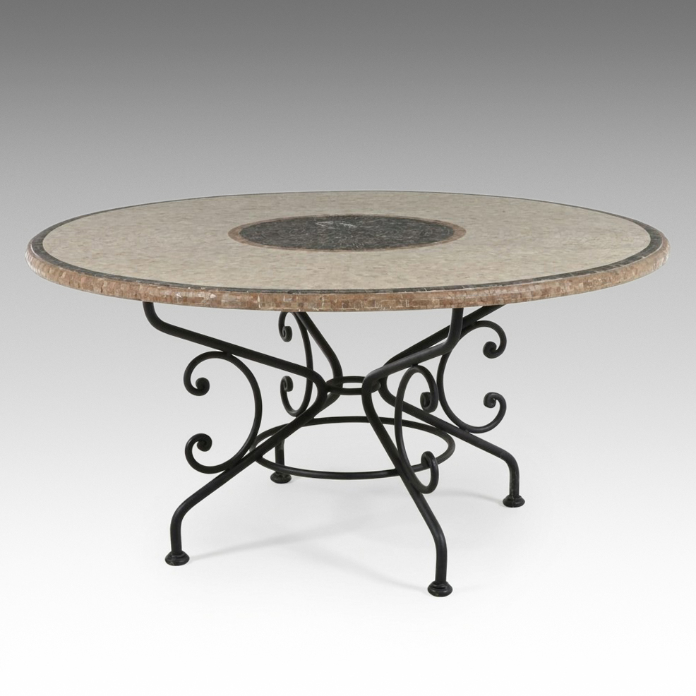 Mediterranean Style Mosaic Stone Dining Table on Wrought Iron Scroll Base