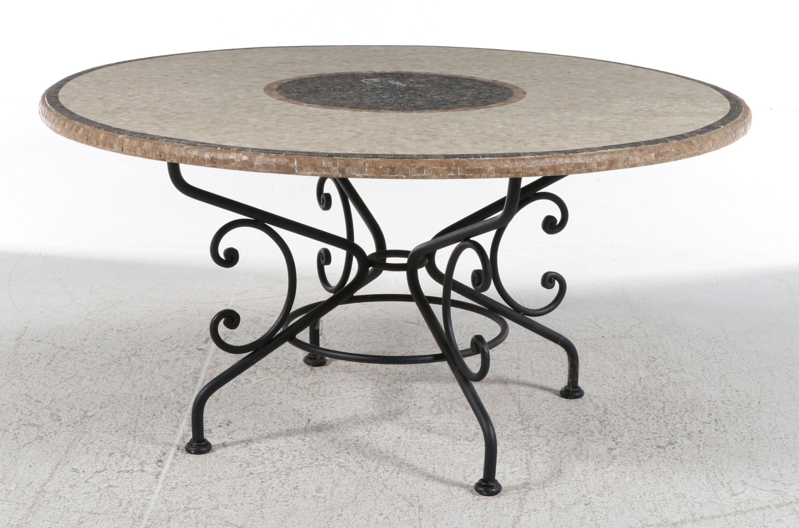 Mediterranean Style Mosaic Stone Dining Table on Wrought Iron Scroll Base