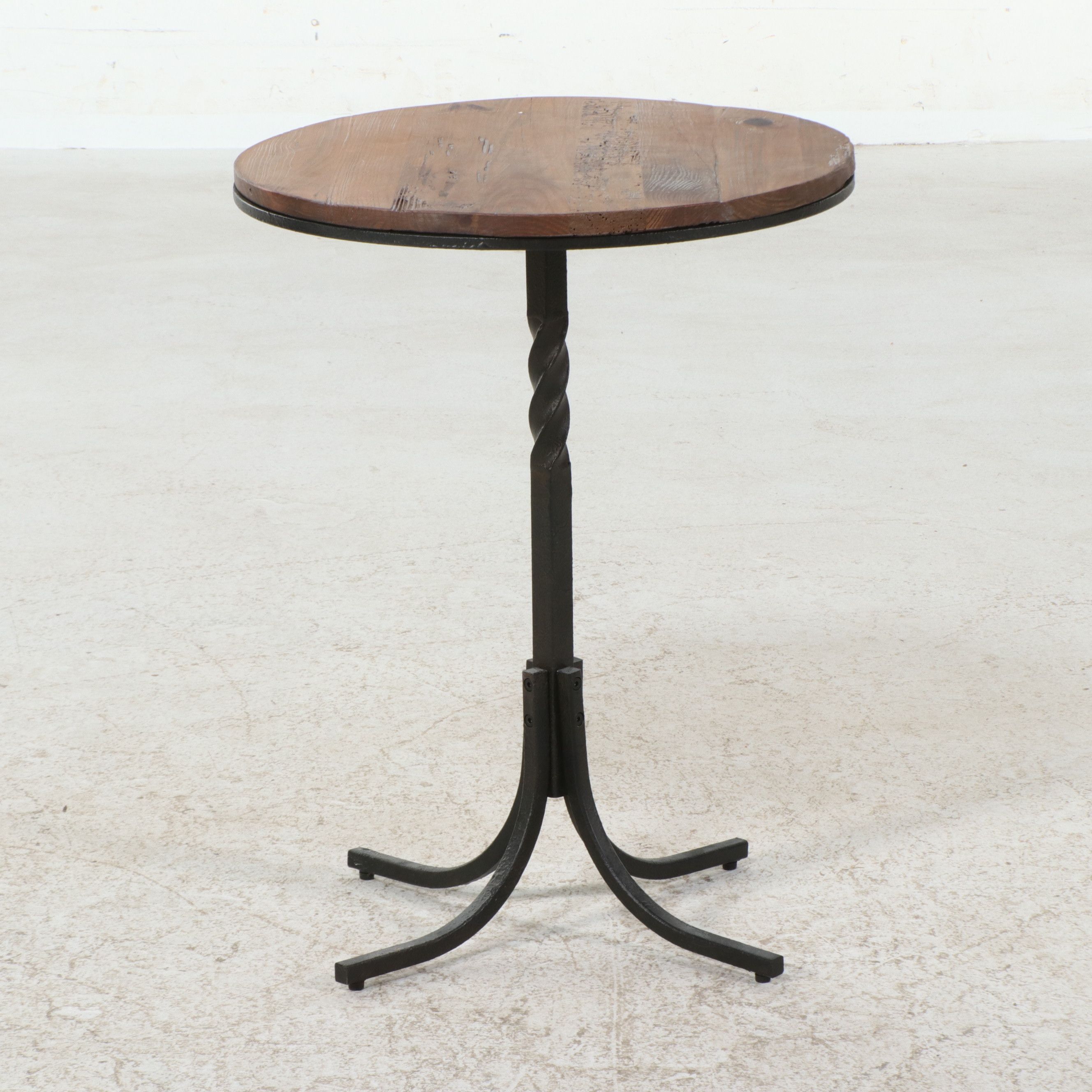 Arts & Crafts Style Twisted Wrought Iron Pedestal Side Table with Wooden Top