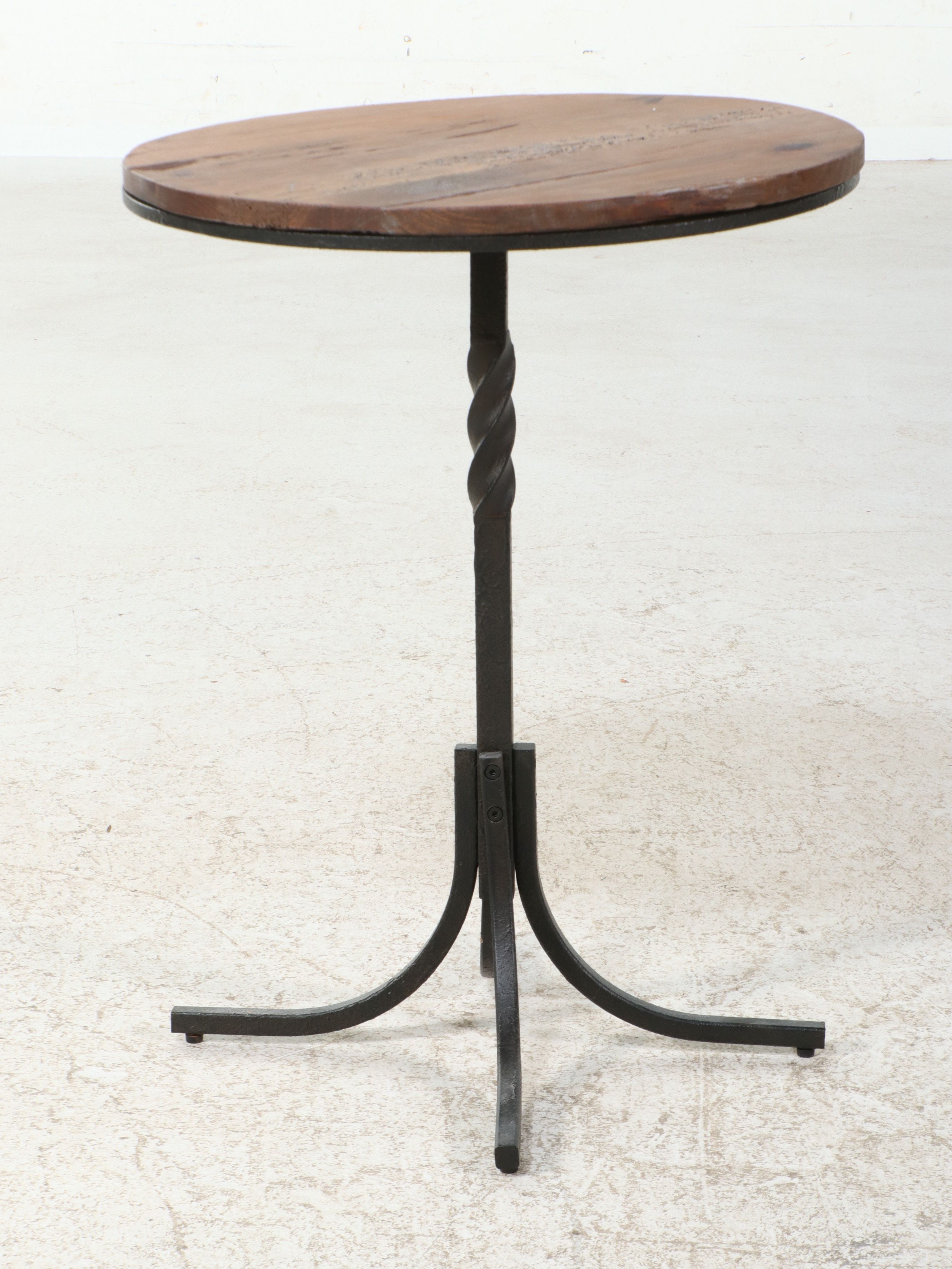 Arts & Crafts Style Twisted Wrought Iron Pedestal Side Table with Wooden Top