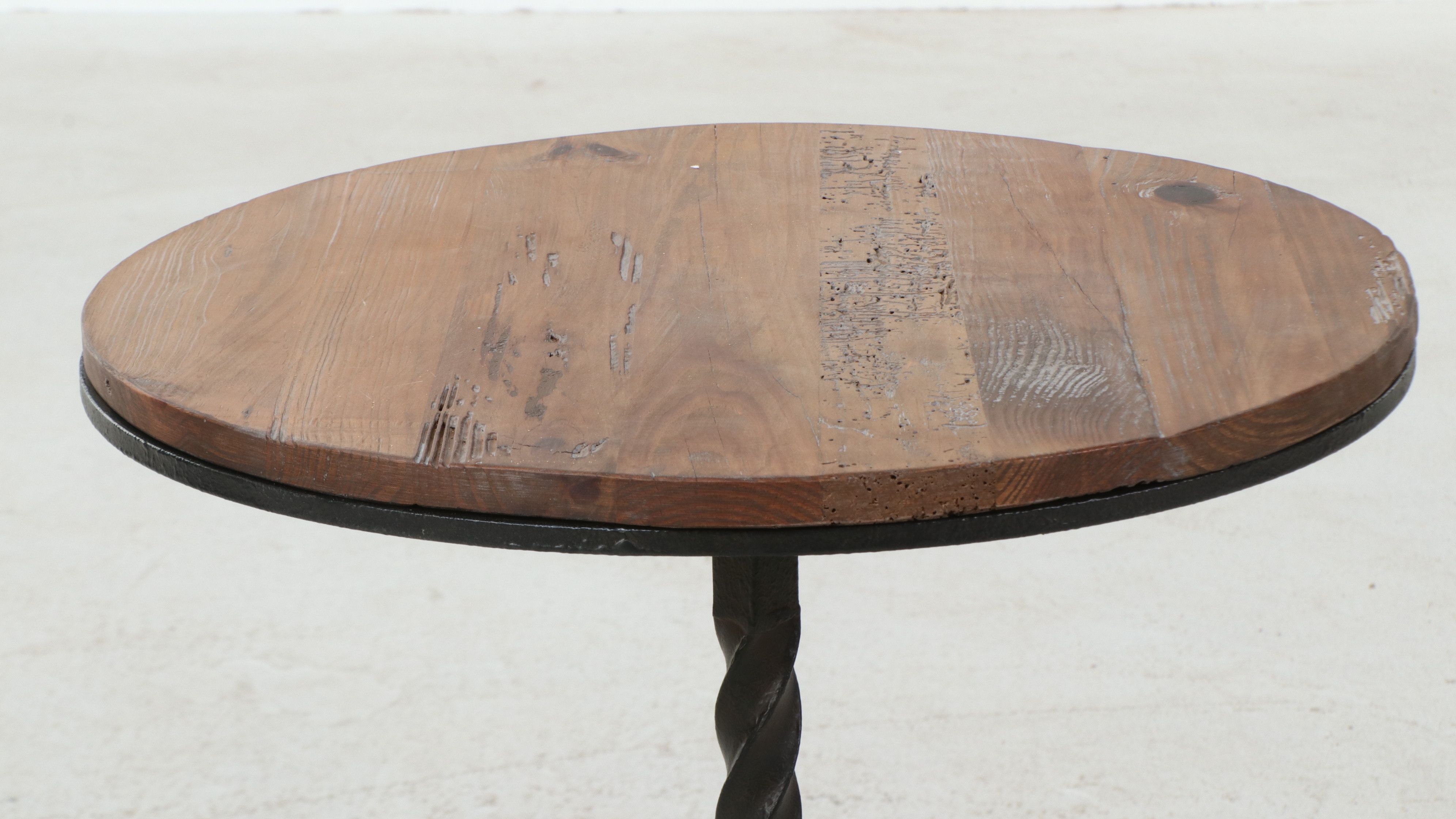 Arts & Crafts Style Twisted Wrought Iron Pedestal Side Table with Wooden Top