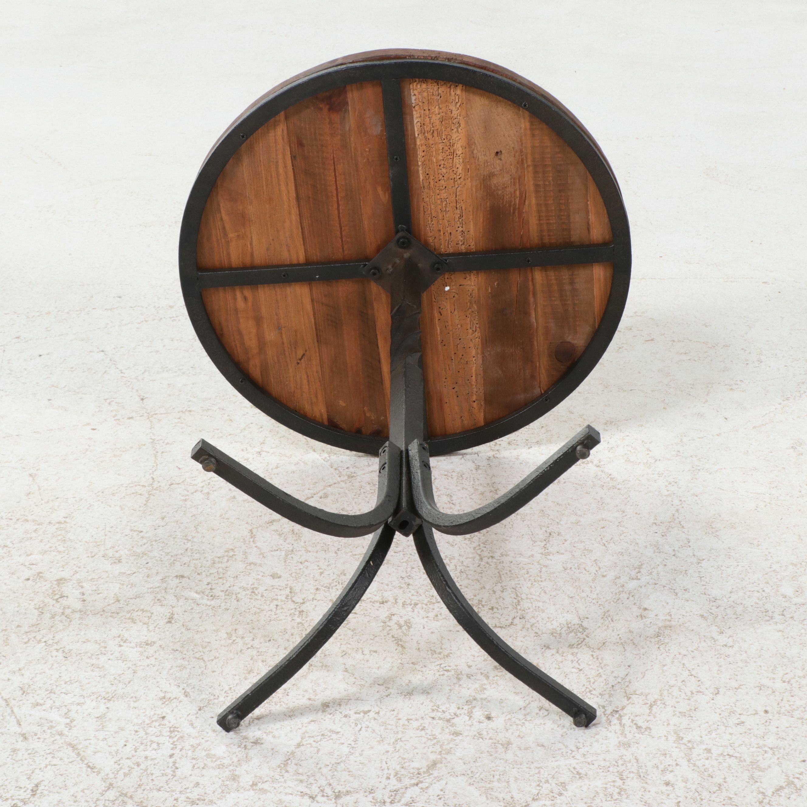 Arts & Crafts Style Twisted Wrought Iron Pedestal Side Table with Wooden Top