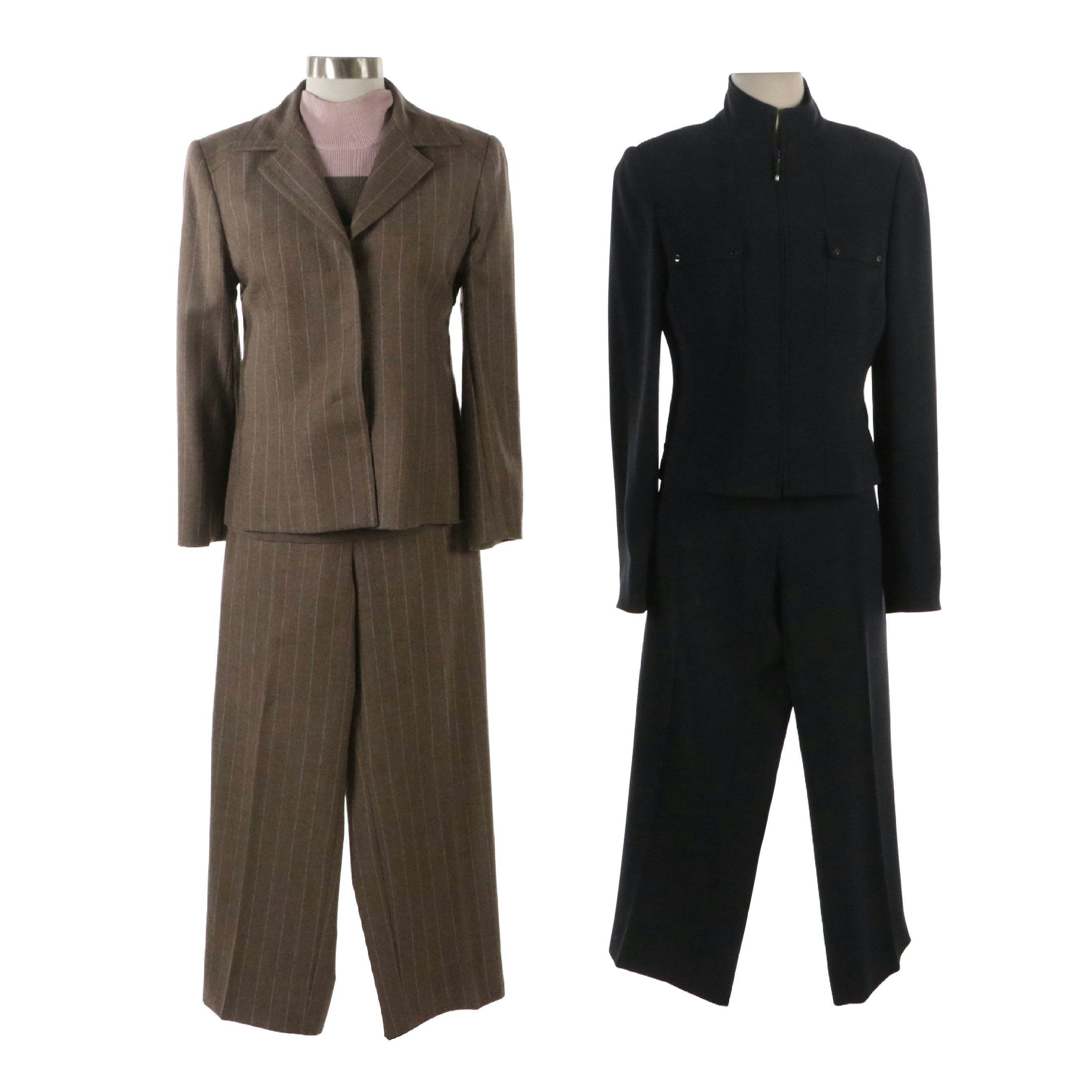 Carlisle Brown/Pink Wool Striped Three-Piece Suit Set & Navy Blue Pantsuit