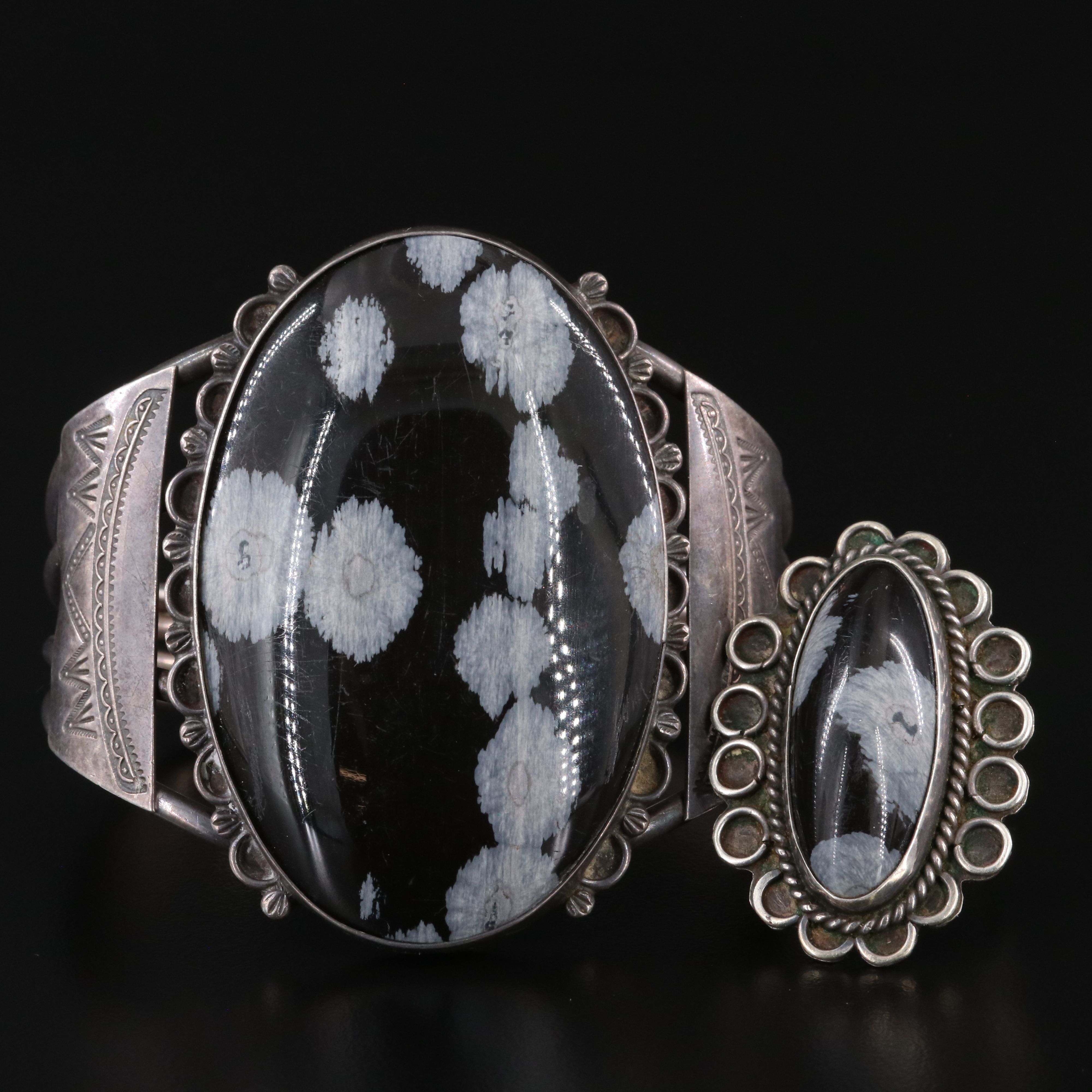 Sterling Snowflake Obsidian Cuff Bracelet and Ring