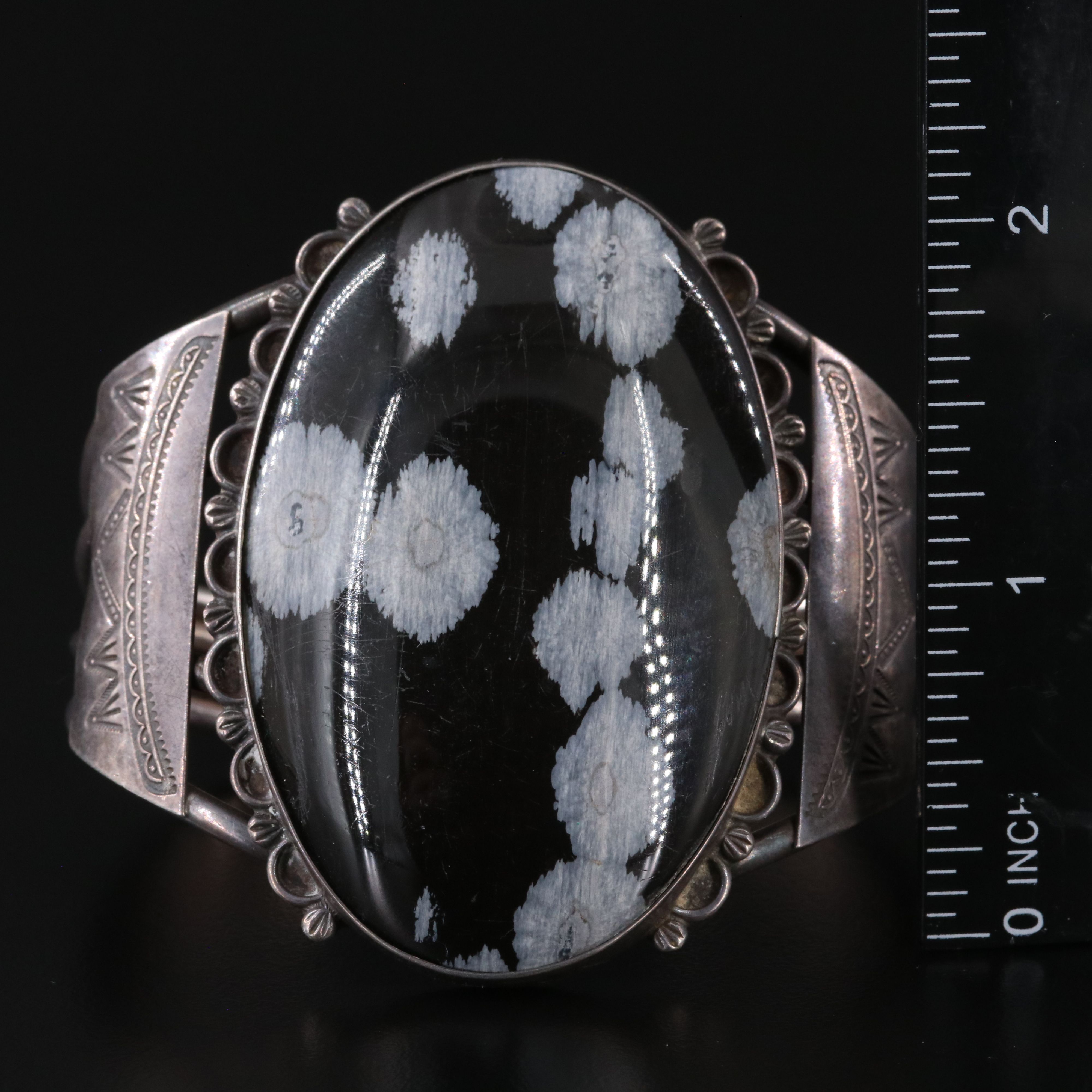 Sterling Snowflake Obsidian Cuff Bracelet and Ring
