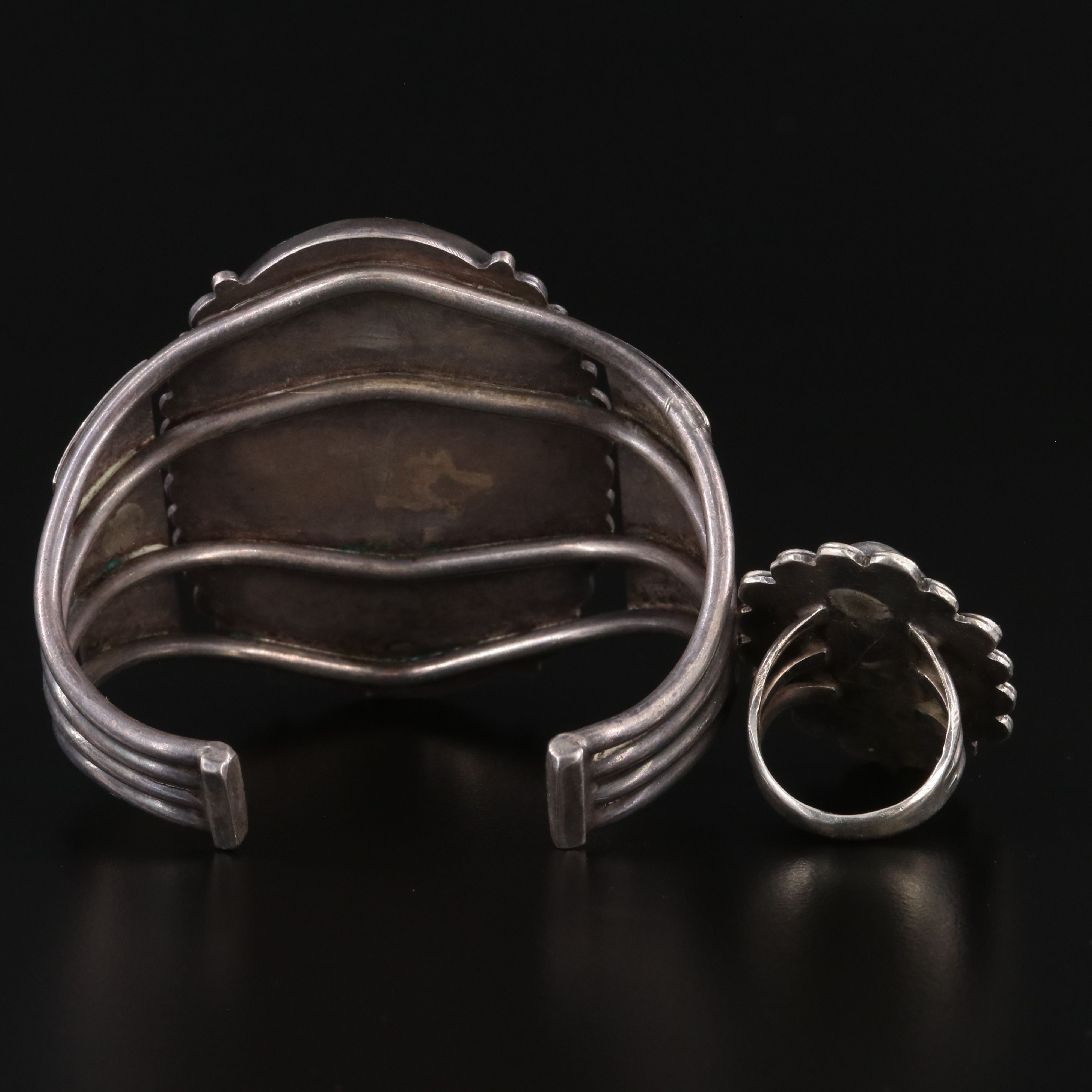 Sterling Snowflake Obsidian Cuff Bracelet and Ring