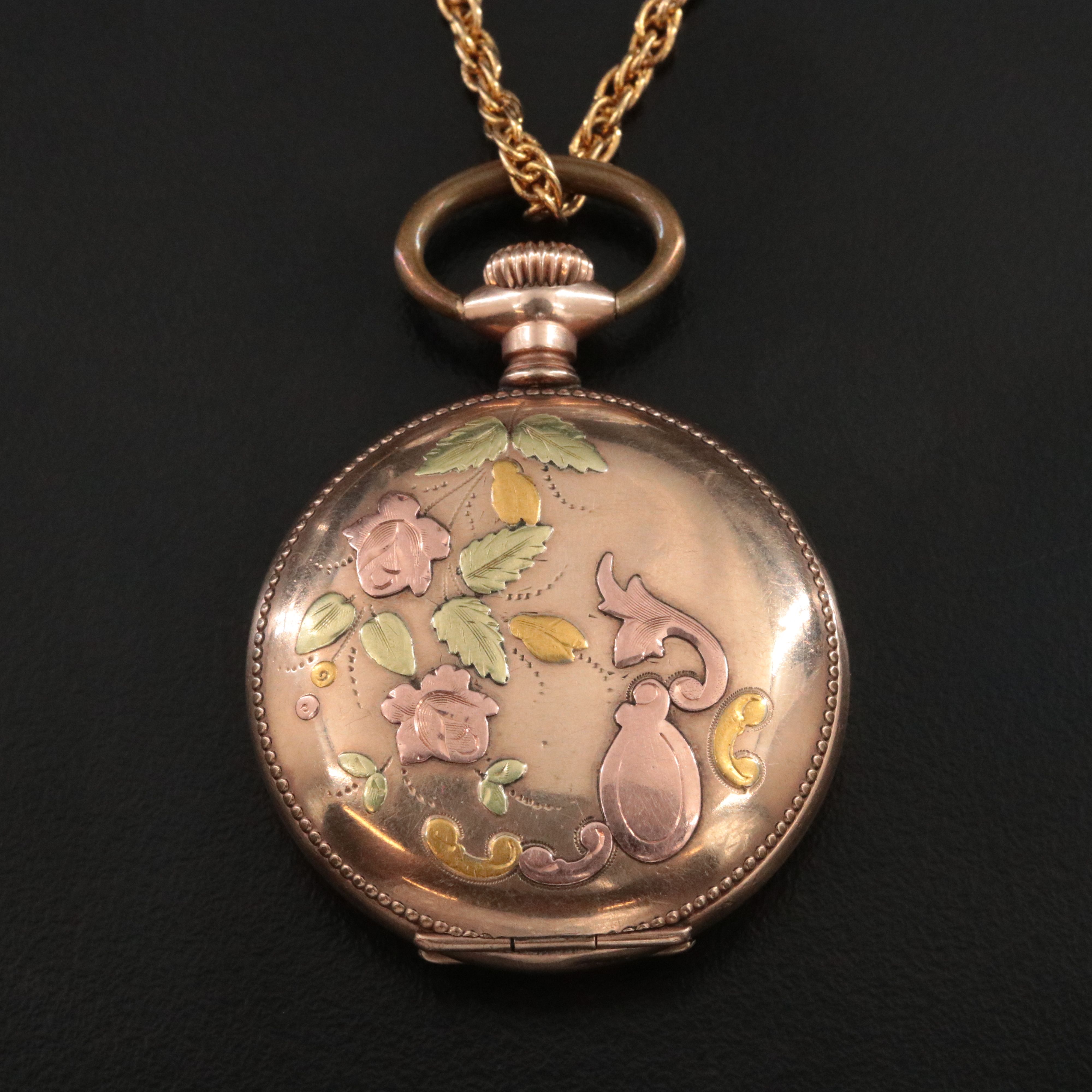 Elgin Tri-Color Gold-Filled Pocket/Pendant Watch with Floral and Fruit Motif