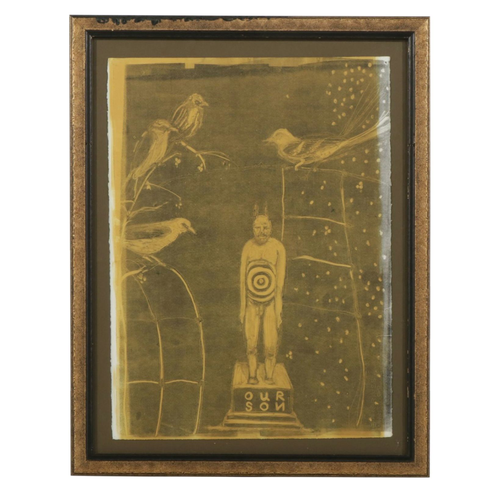 Folk Style Color Lithograph of Gothic Scene with Statue, Late 20th Century