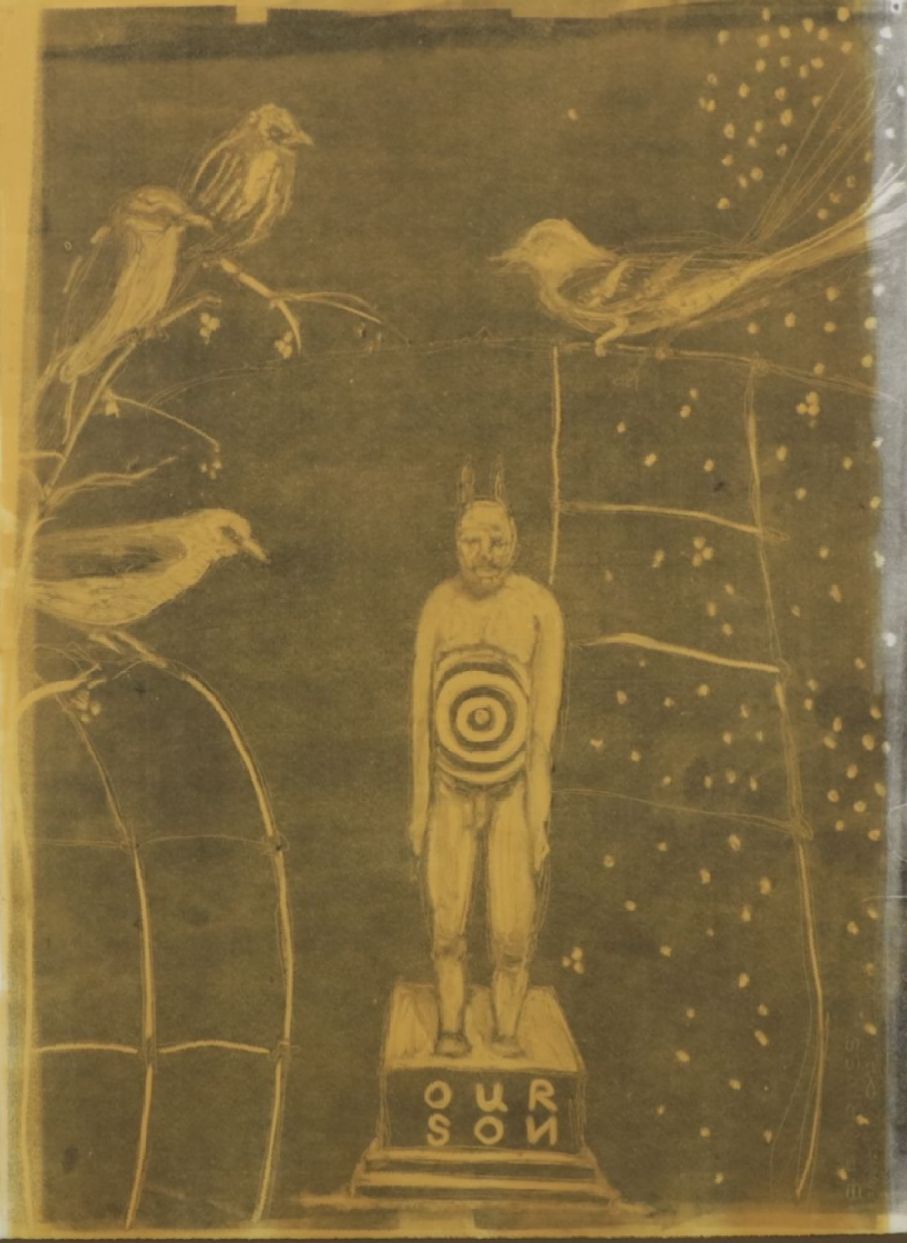 Folk Style Color Lithograph of Gothic Scene with Statue, Late 20th Century