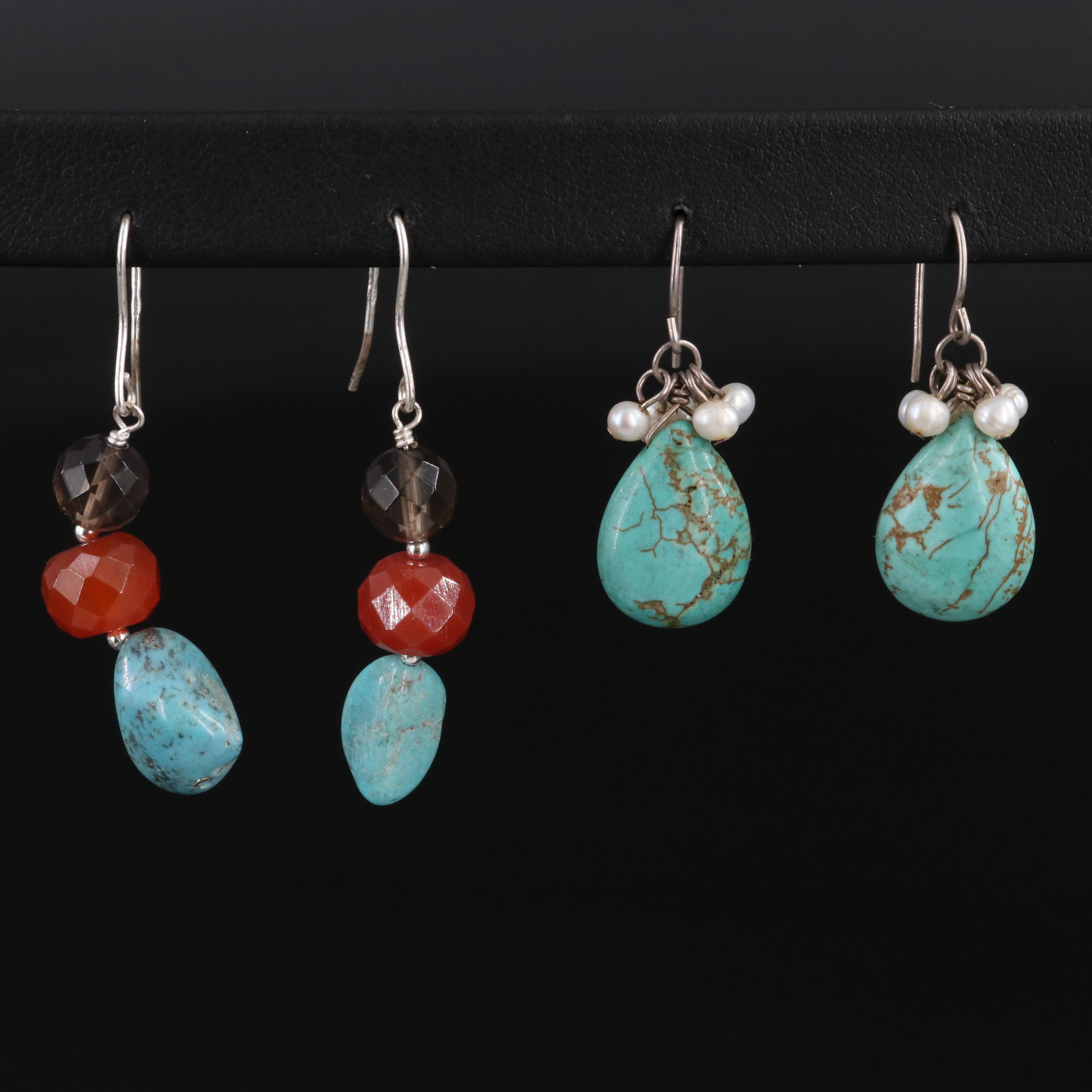 Sterling Gemstone Dangle Earrings Featuring Magnesite, Turquoise, and Pearl