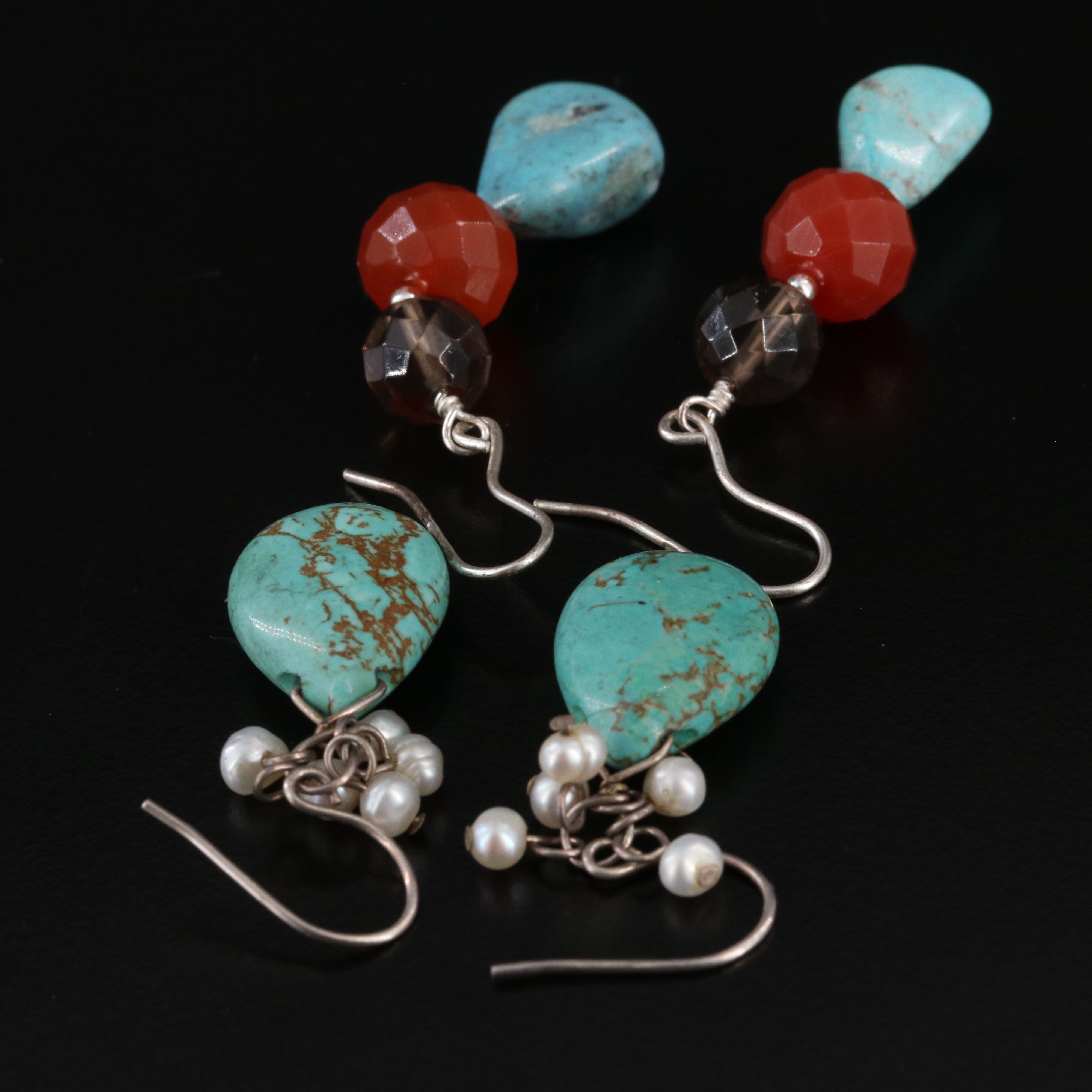 Sterling Gemstone Dangle Earrings Featuring Magnesite, Turquoise, and Pearl