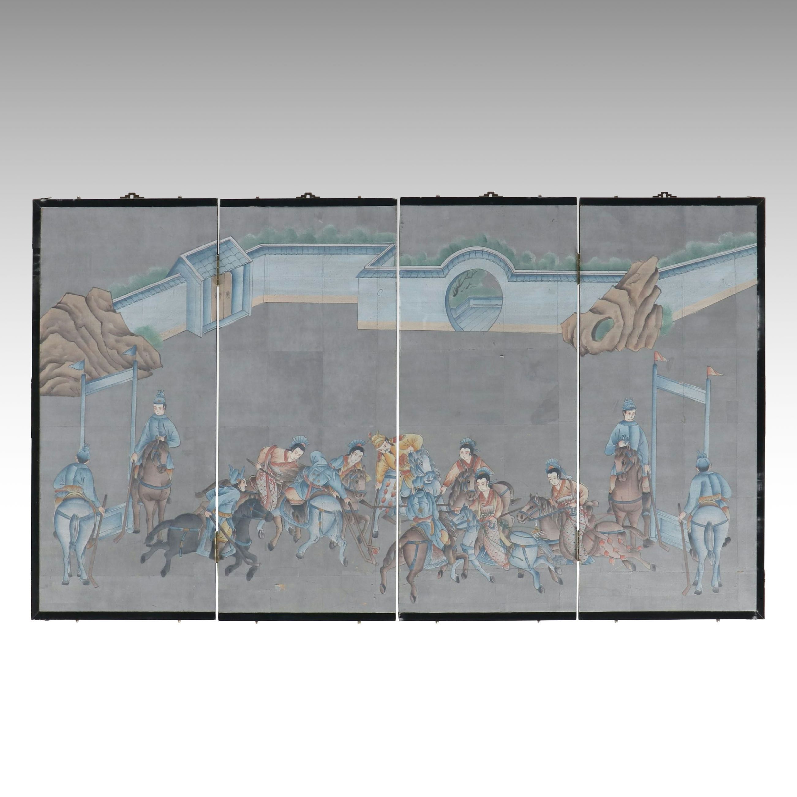Chinese Four-Panel Hand-Painted Silk Room Divider, Late 20th Century
