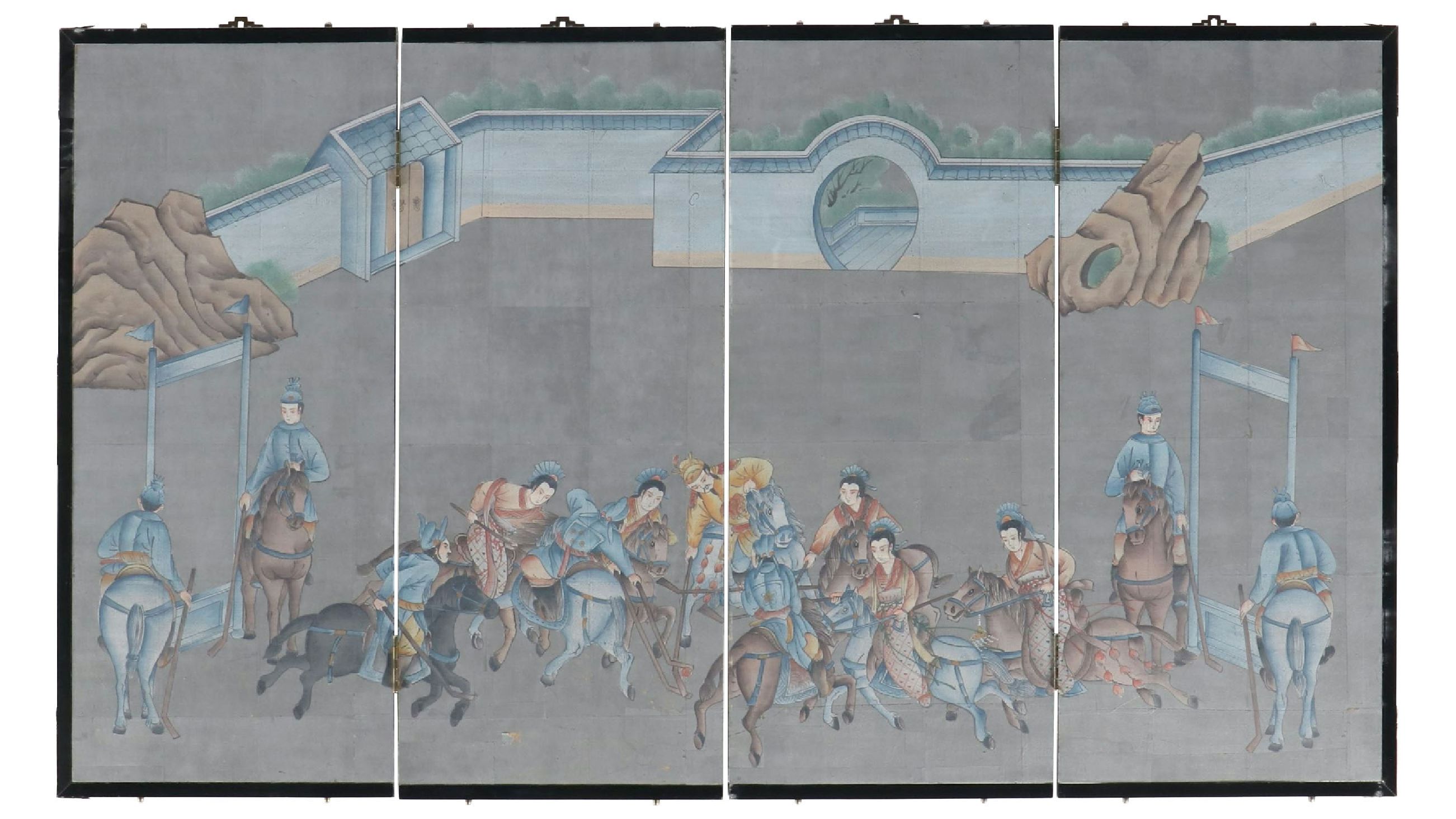 Chinese Four-Panel Hand-Painted Silk Room Divider, Late 20th Century