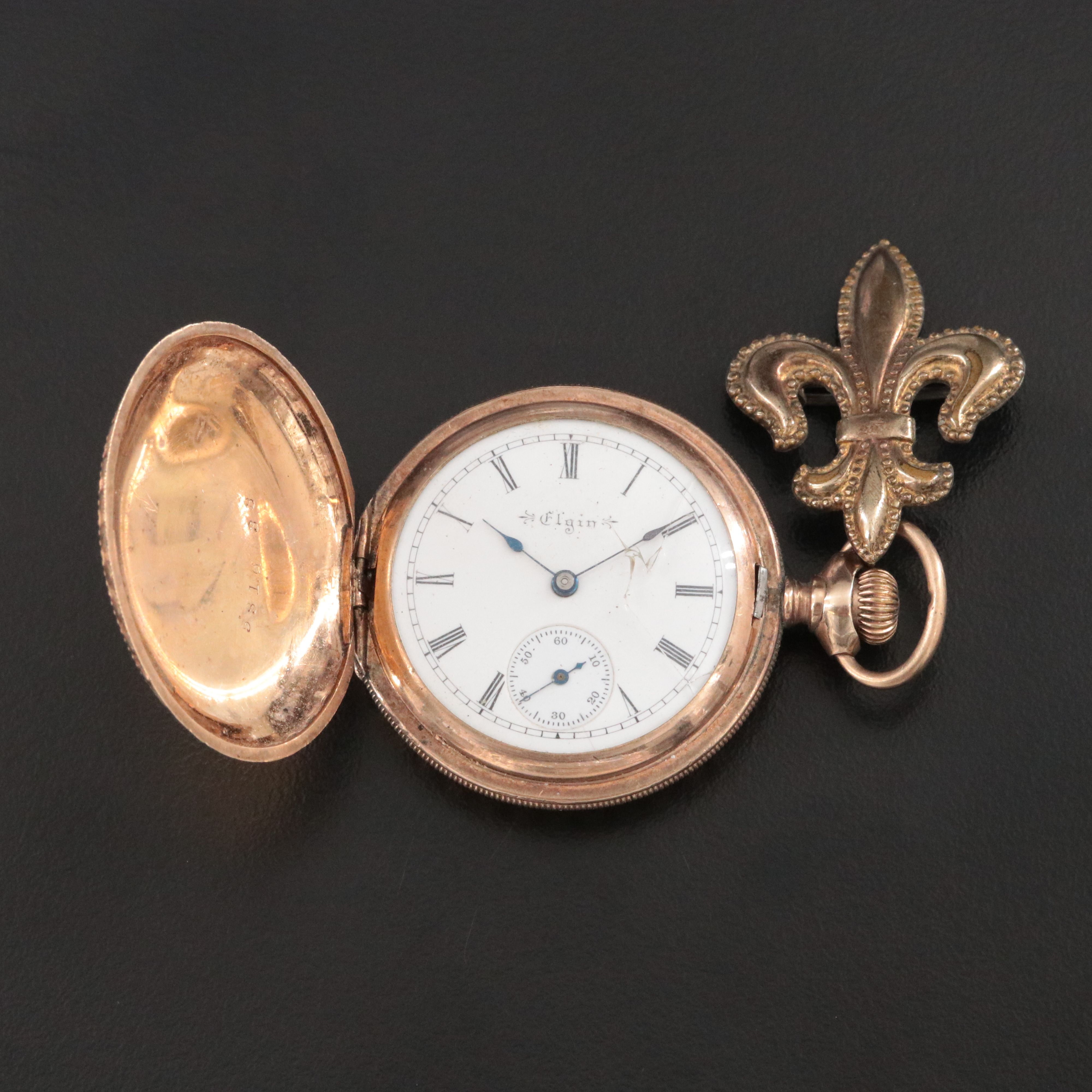 Elgin Gold-Filled Ornate Fleur De Lis Brooch Pocket Watch