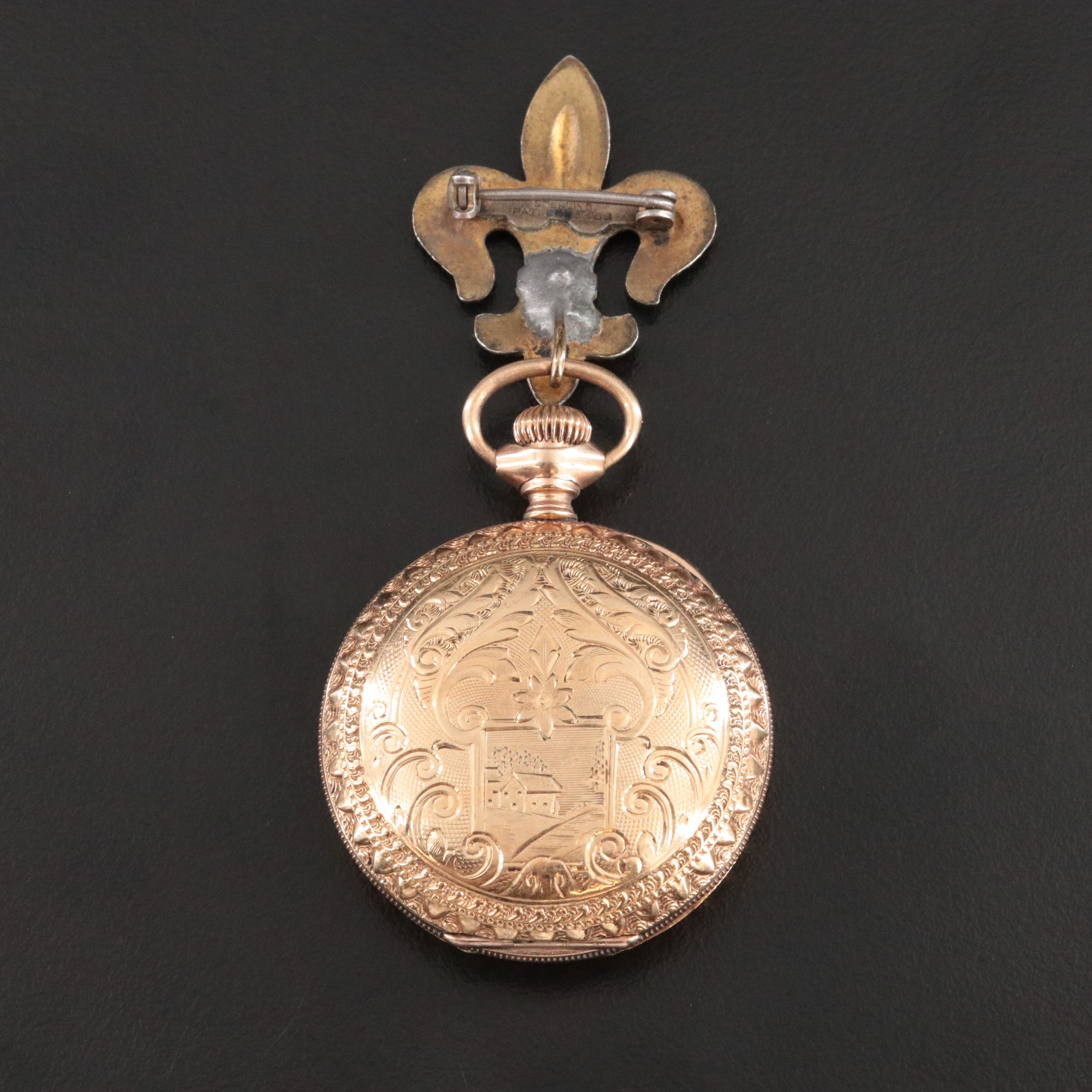 Elgin Gold-Filled Ornate Fleur De Lis Brooch Pocket Watch
