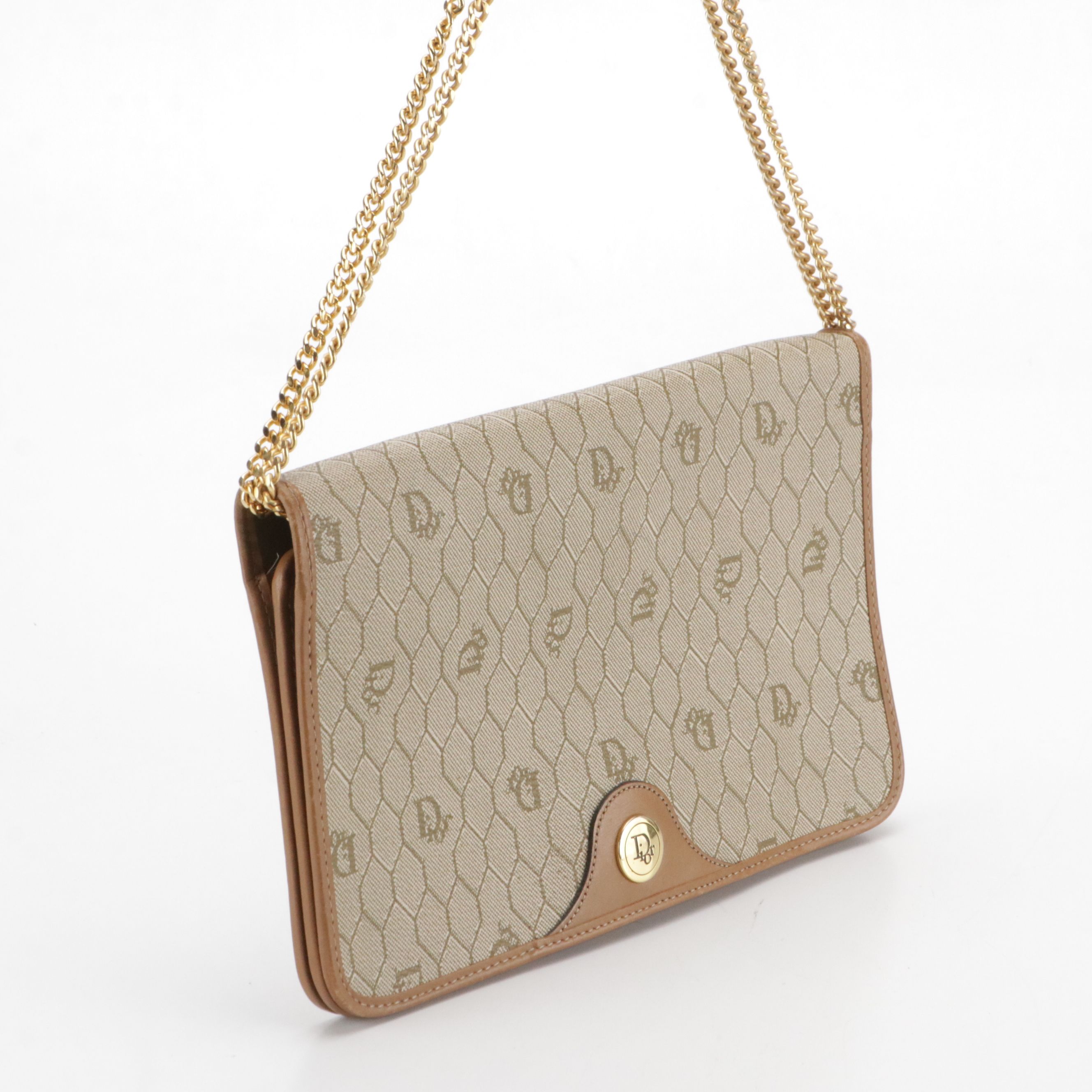 Christian Dior Full Flap Chain Link Shoulder Bag in Honeycomb Canvas & Leather